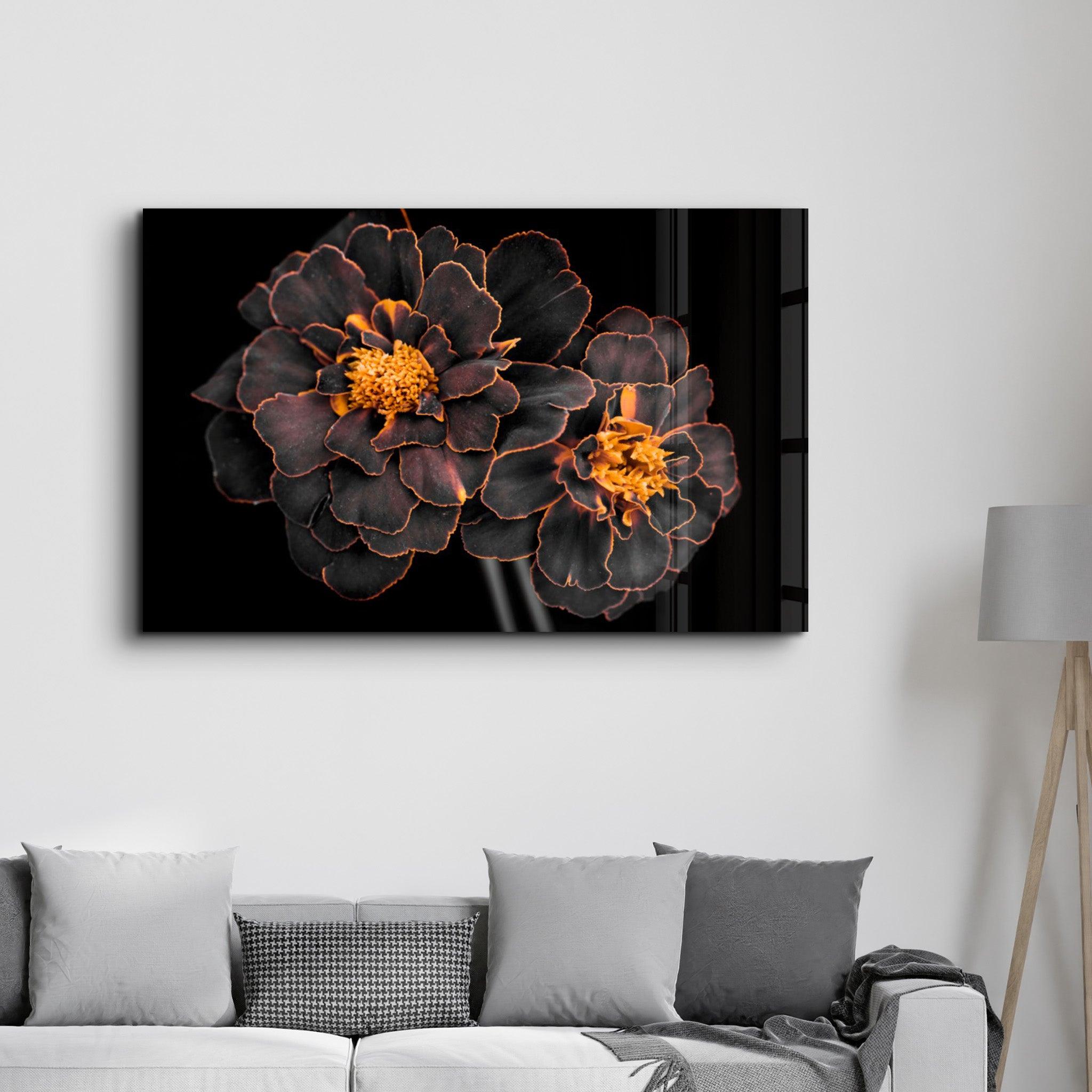 Black and Yellow Flowers | Glass Wall Art - Artdesigna