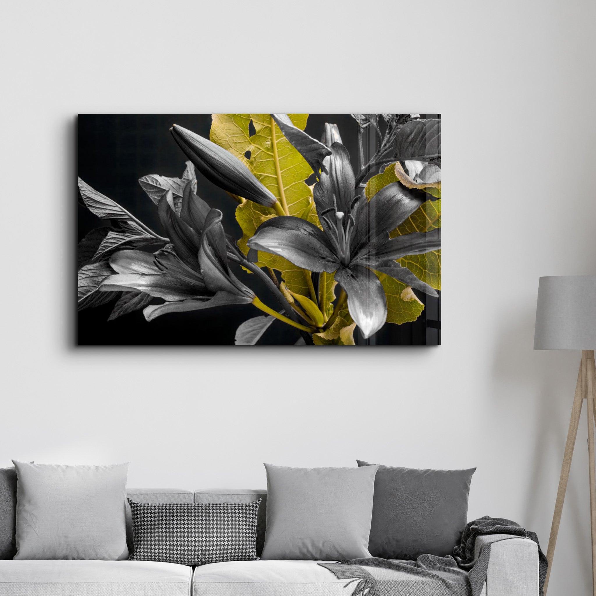 Yellow and Black Flowers | Glass Wall Art - Artdesigna