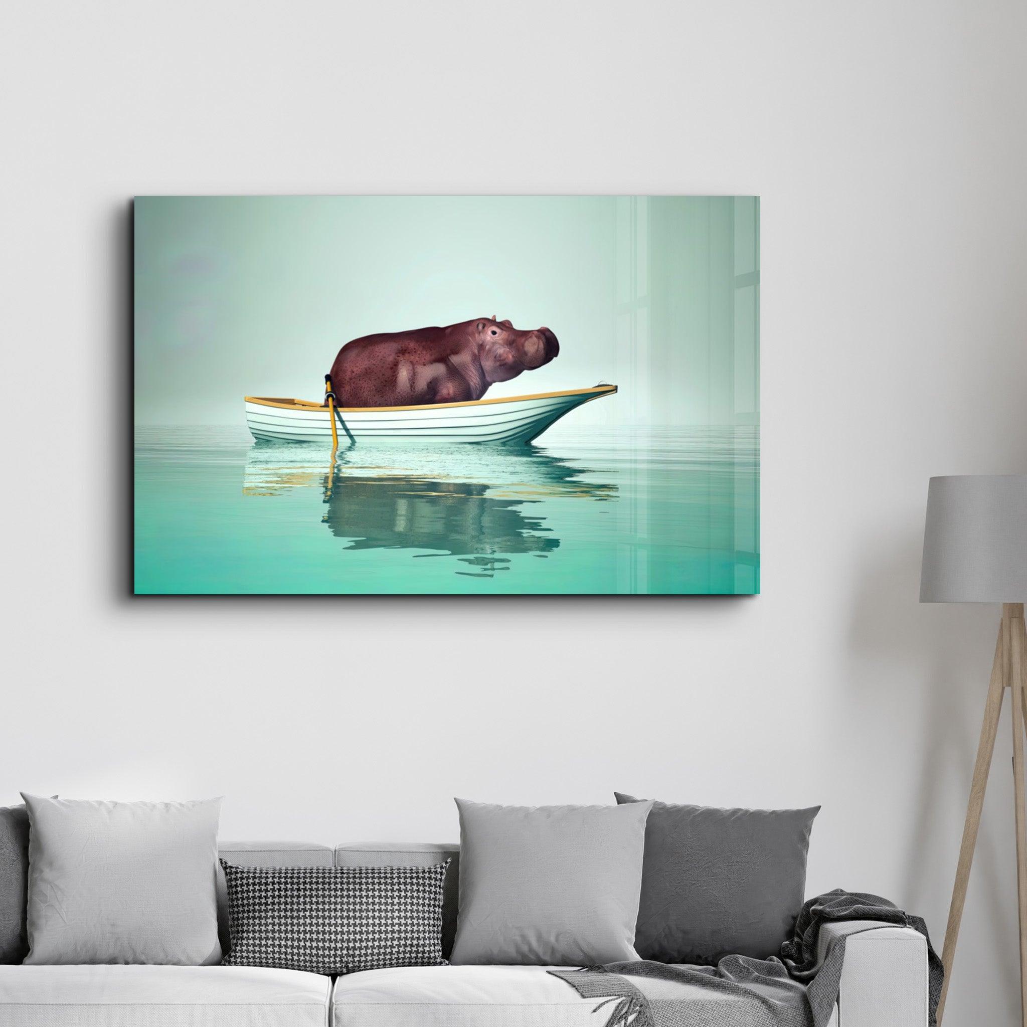 Hippo on the Boat 1 | Glass Wall Art - Artdesigna