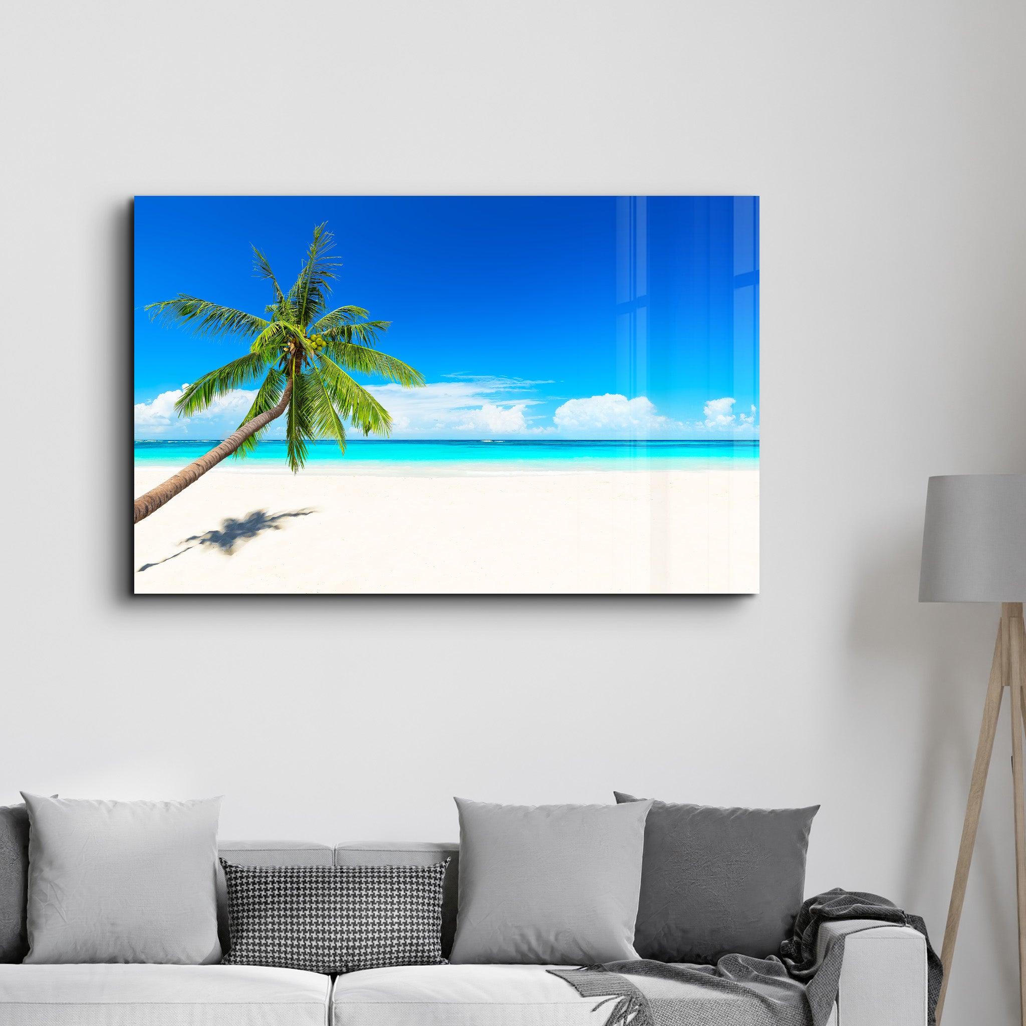 Paradise Calm: The Leaning Palm | Glass Wall Art - Artdesigna