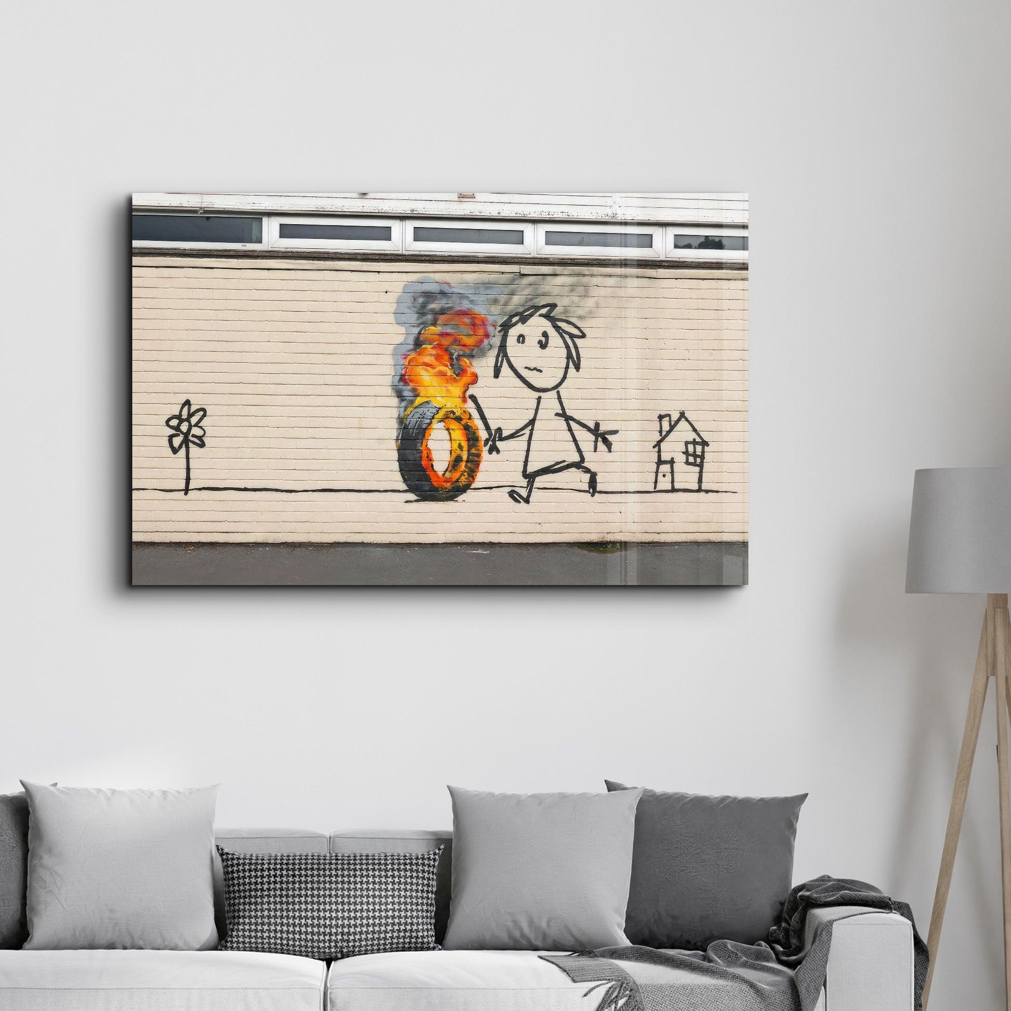 Banksy - Burning Toy | Designer's Collection Glass Wall Art - Artdesigna