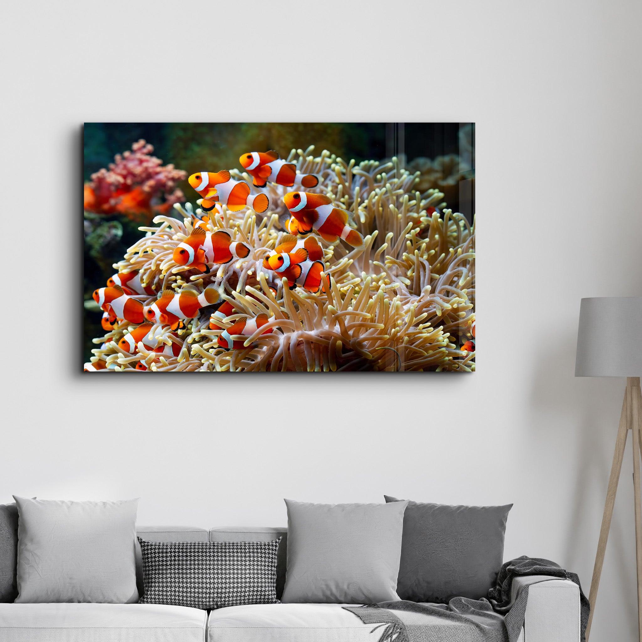 Fishes on Corals | Glass Wall Art - Artdesigna