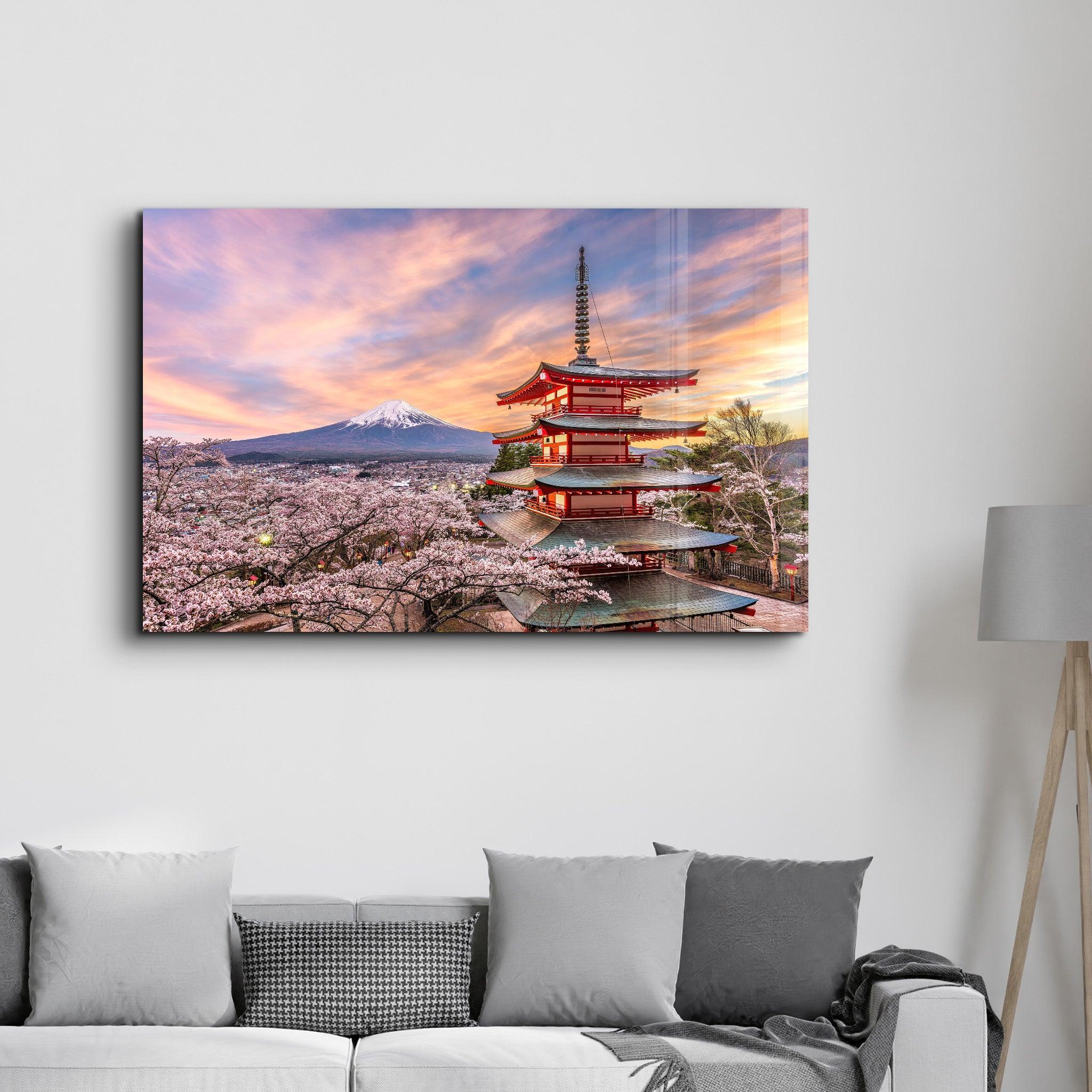 Fujiyoshida, Japan at Chureito Pagoda and Mt. Fuji in the spring with cherry blossoms | Glass Wall Art - Artdesigna