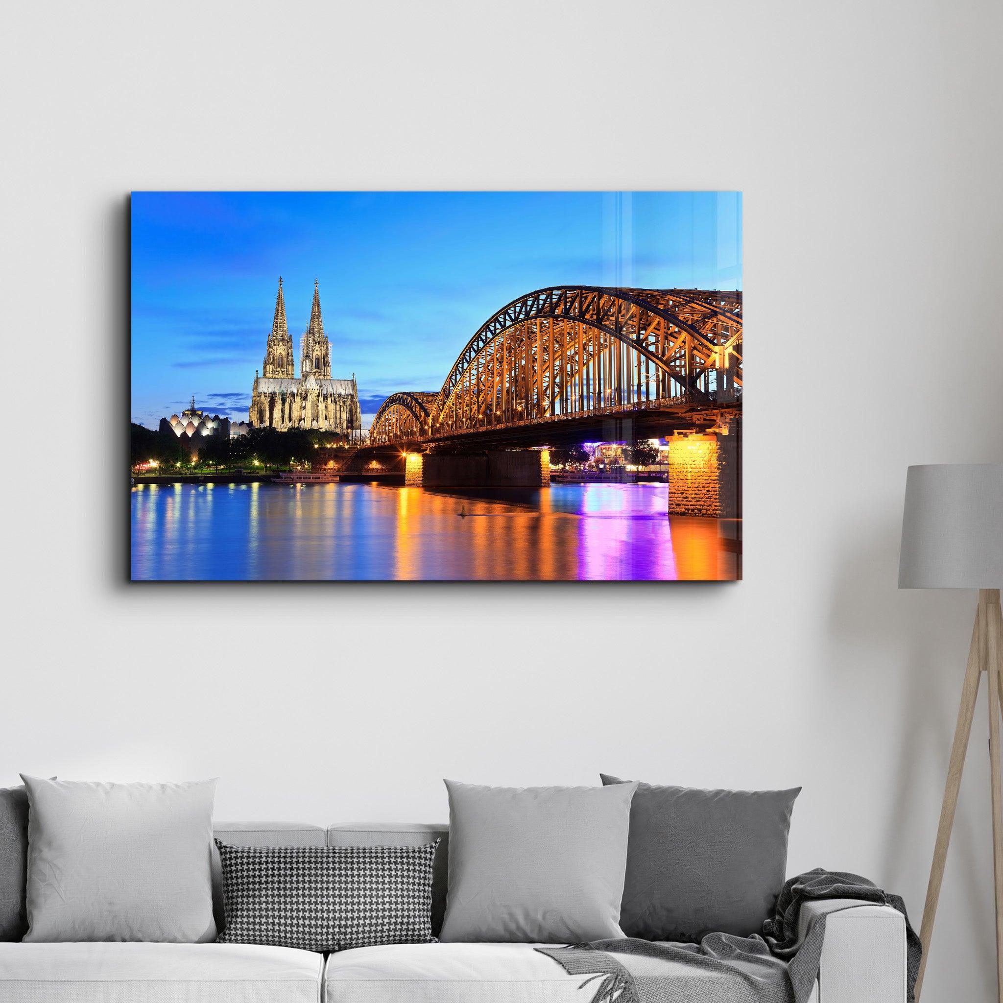 Cologne Dom and city skyline at night, Cologne, Germany | Glass Wall Art - Artdesigna