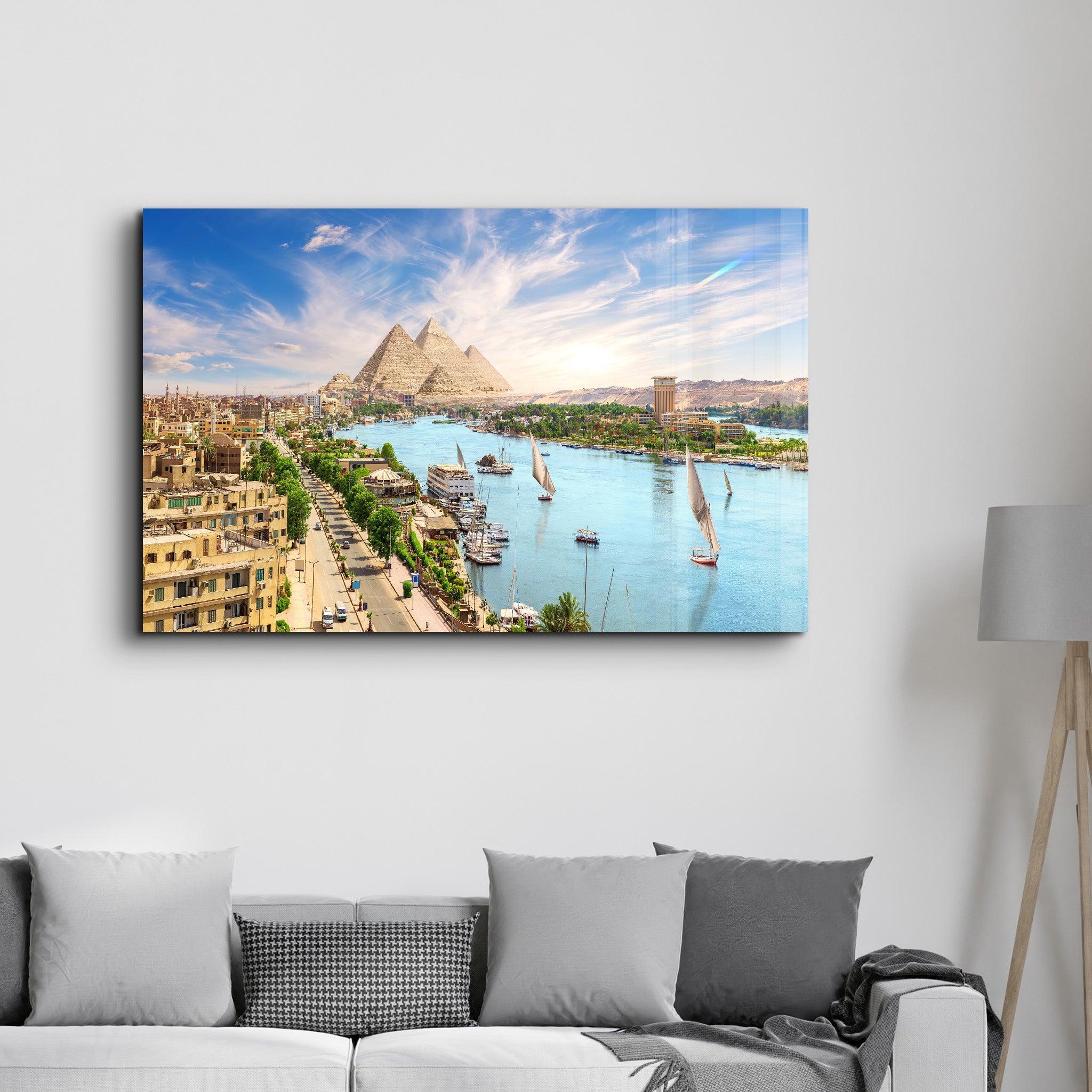 Pyramid Complex in Aswan city by the Nile, aerial view, Egypt | Glass Wall Art - Artdesigna