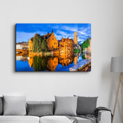 Bruges, Belgium. The Rozenhoedkaai canal in Bruges with the Belfry | Glass Wall Art - Artdesigna