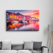 Copenhagen, Denmark. Experience the breathtaking beauty of Nyhavn canal at sunrise | Glass Wall Art - Artdesigna