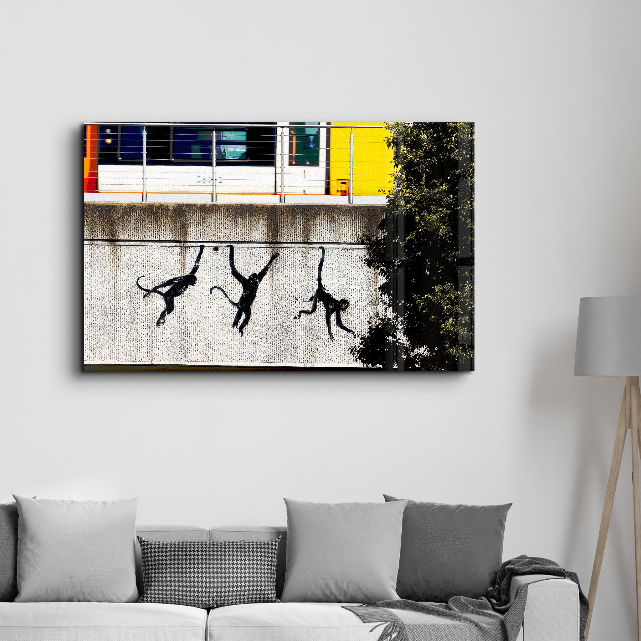 Banksy - Monkeys on the Train Bridge - Glass Wall Art - Artdesigna