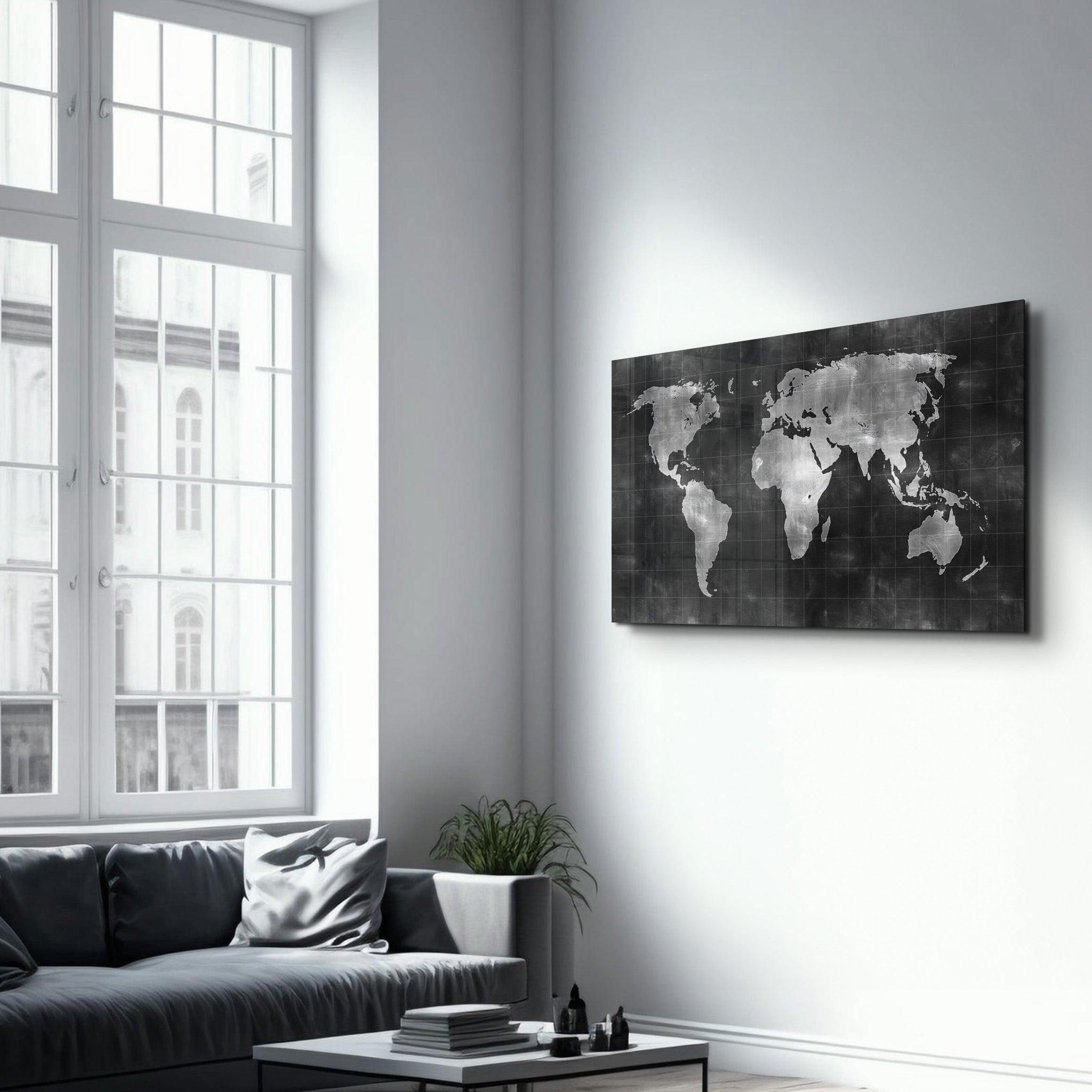 Black Wold Map | Glass Wall Art - Artdesigna