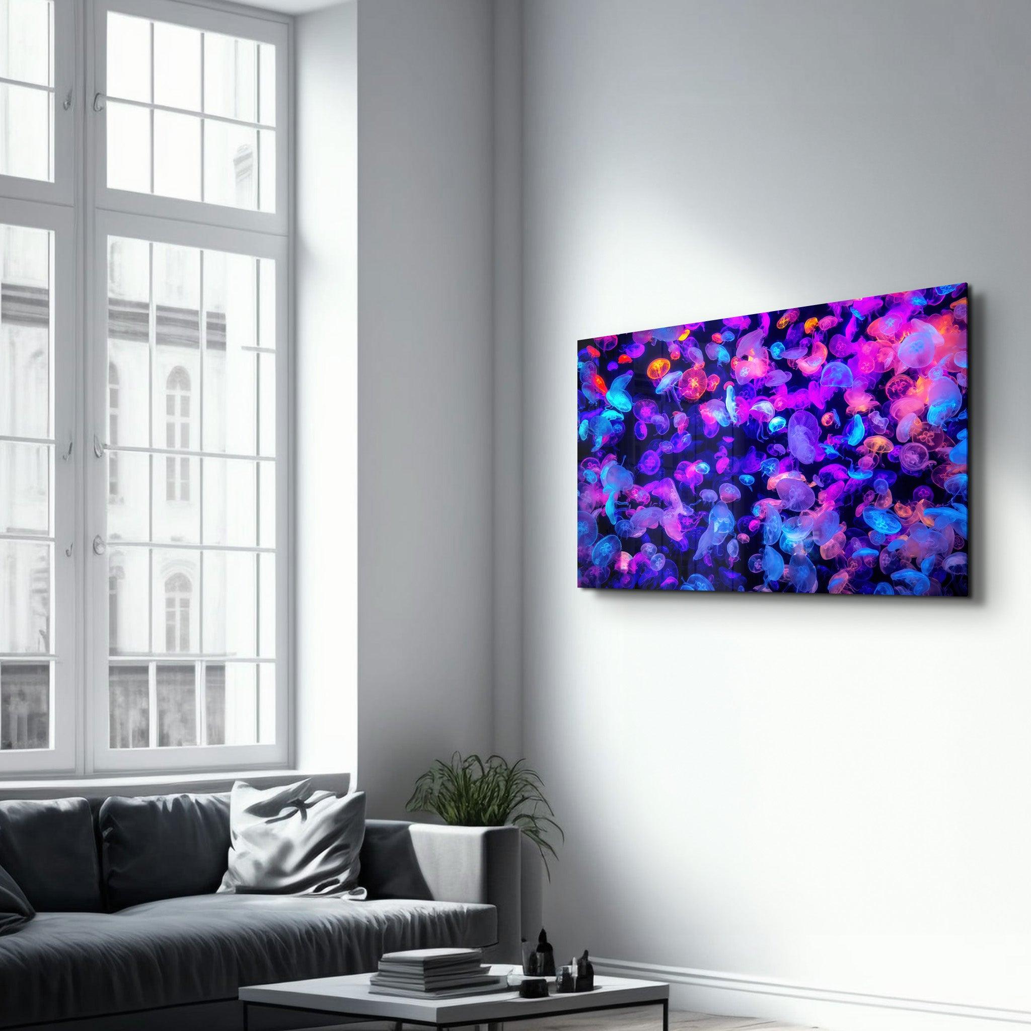 The Colorful Jellyfishes | Glass Wall Art - Artdesigna