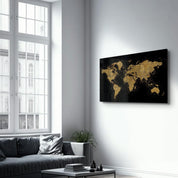 World Map In Golden | Glass Wall Art - Artdesigna