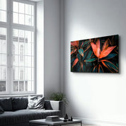 Red And Green Leafs | Glass Wall Art - Artdesigna