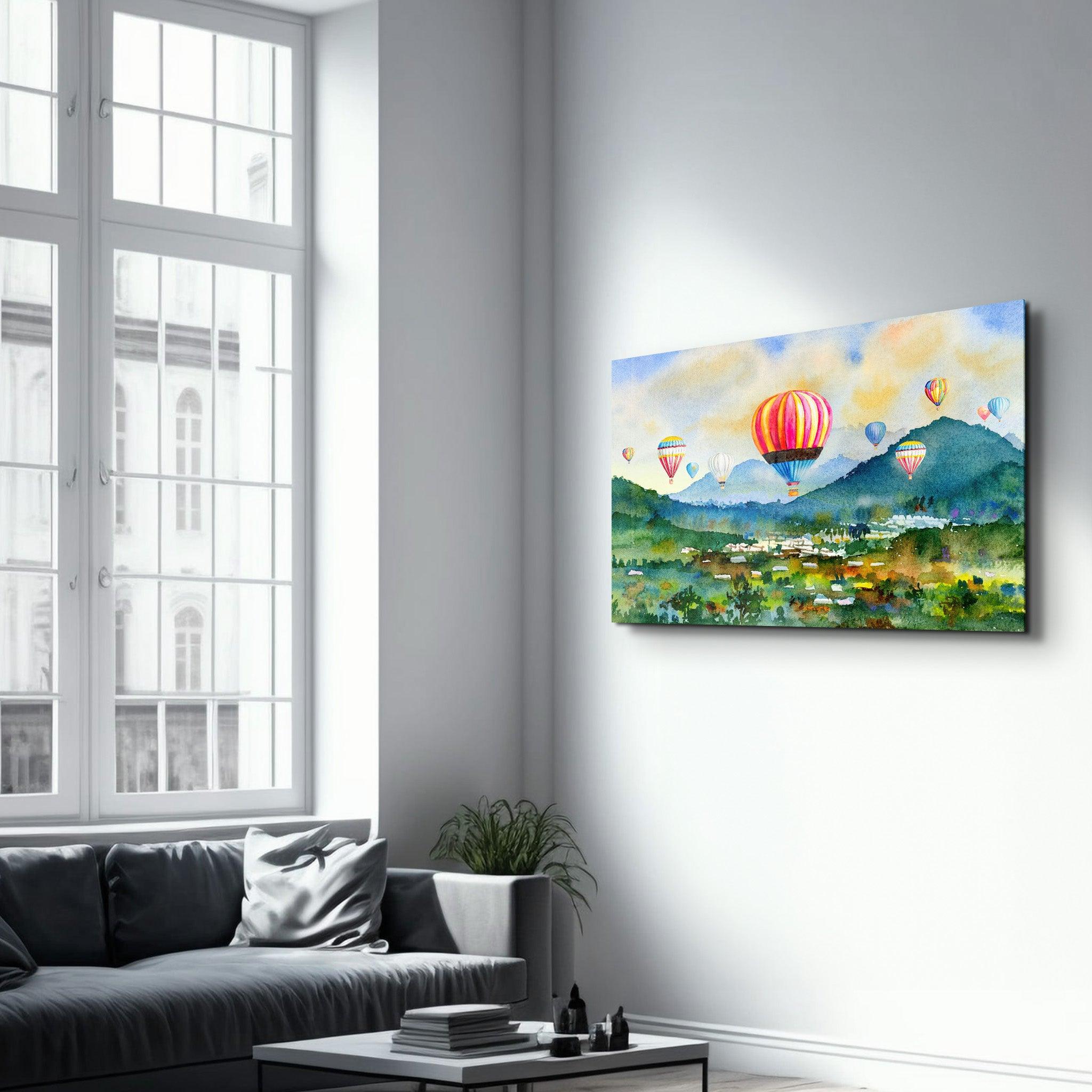 The Village Of Hot Air Balloon | Glass Wall Art - Artdesigna