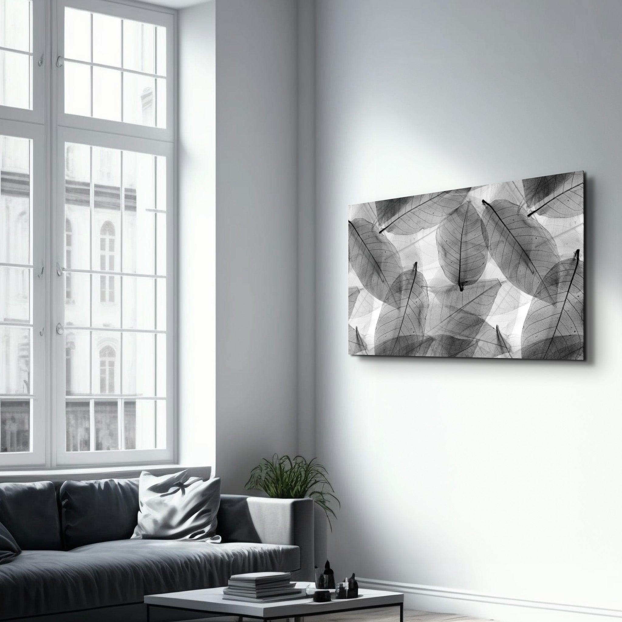 Black - White Leaves | Glass Wall Art - Artdesigna