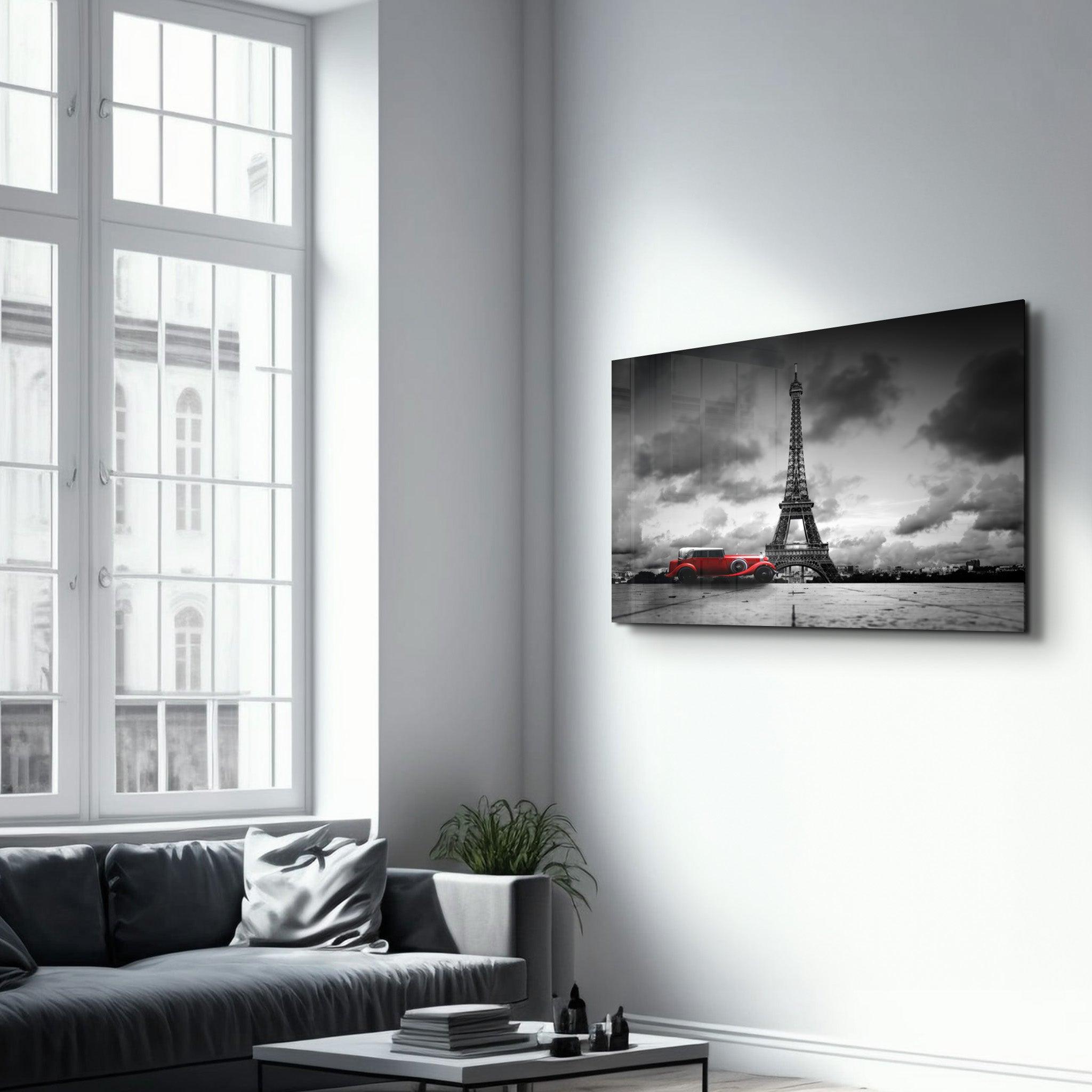 Eiffel Tower and a Classic in Red | Glass Wall Art - Artdesigna