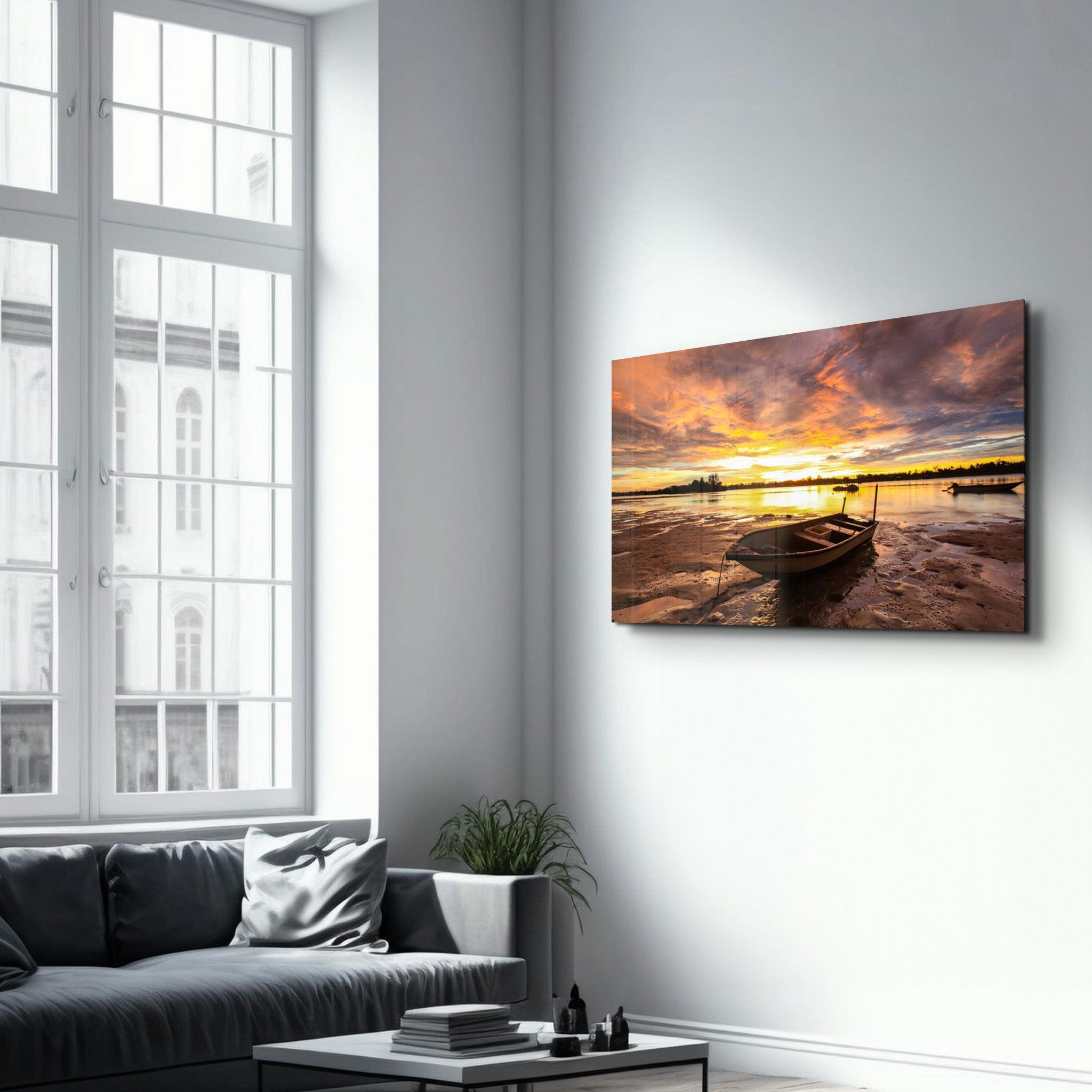 Fishing Boat at Sunset | Glass Wall Art - Artdesigna