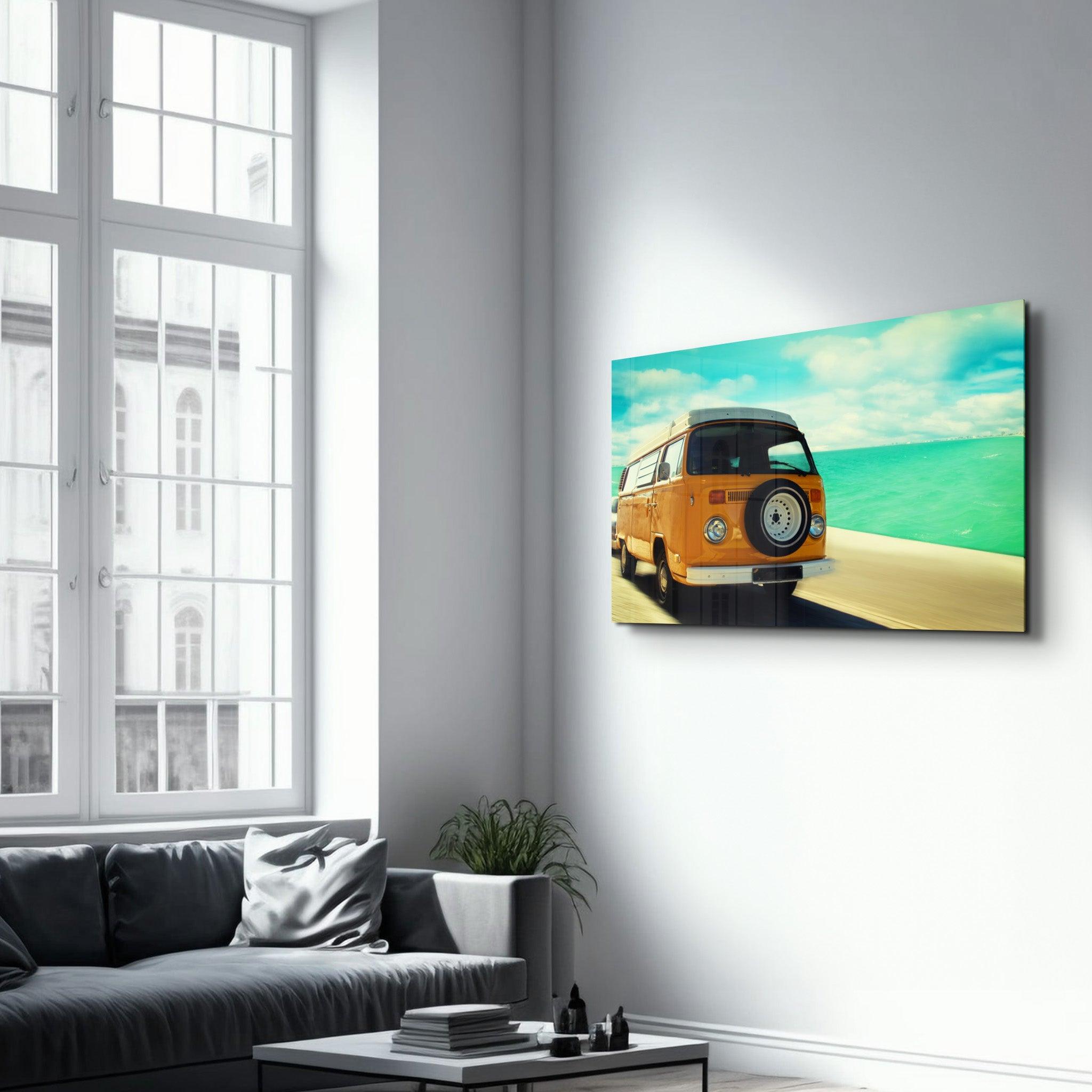 VW Minibus | Glass Wall Art - Artdesigna