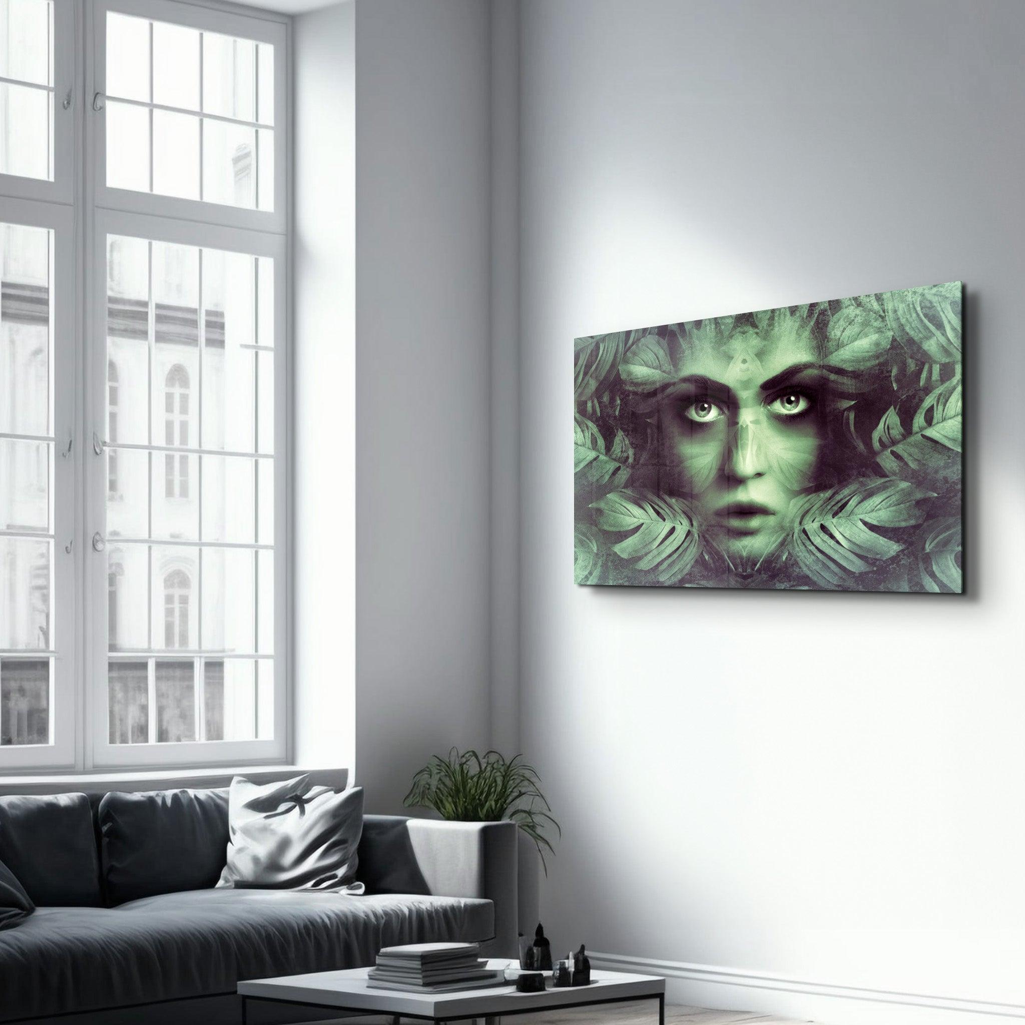 Tropical Leaf and Woman Portrait | Glass Wall Art - Artdesigna