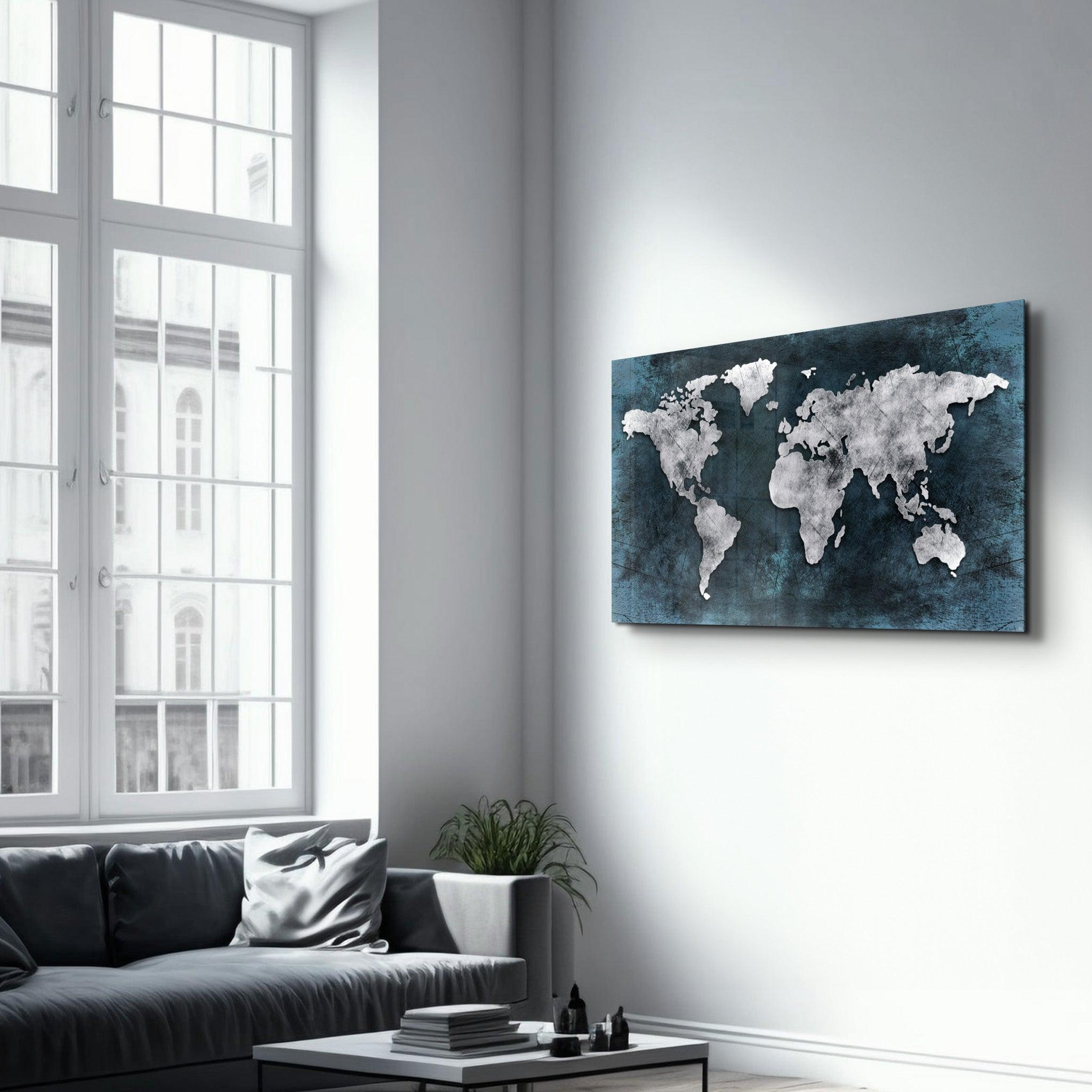 World Map Blue-Silver | Glass Wall Art - Artdesigna