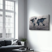 World Map Blue-Silver2 | Glass Wall Art - Artdesigna