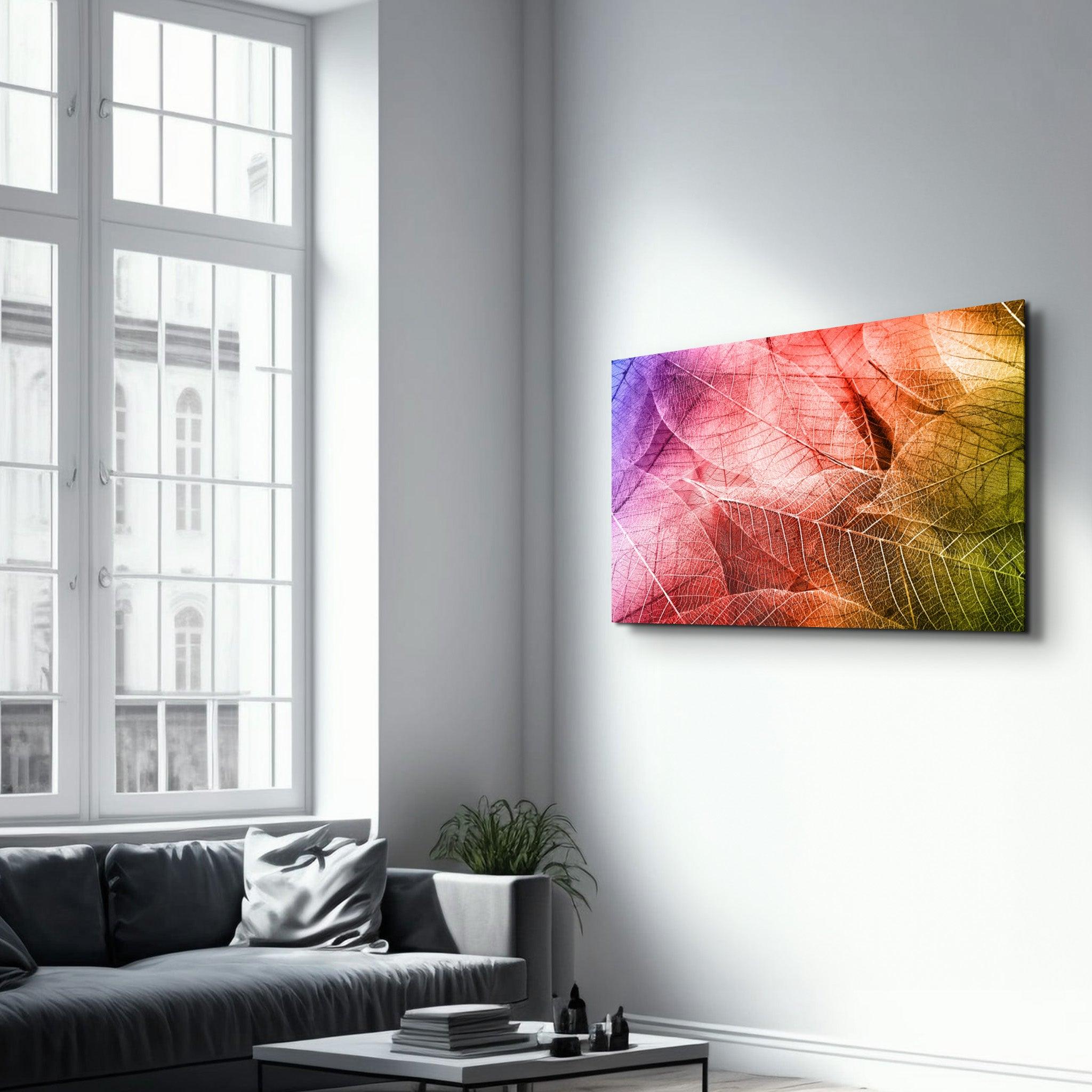 Rainbow Leaves | Glass Wall Art - Artdesigna