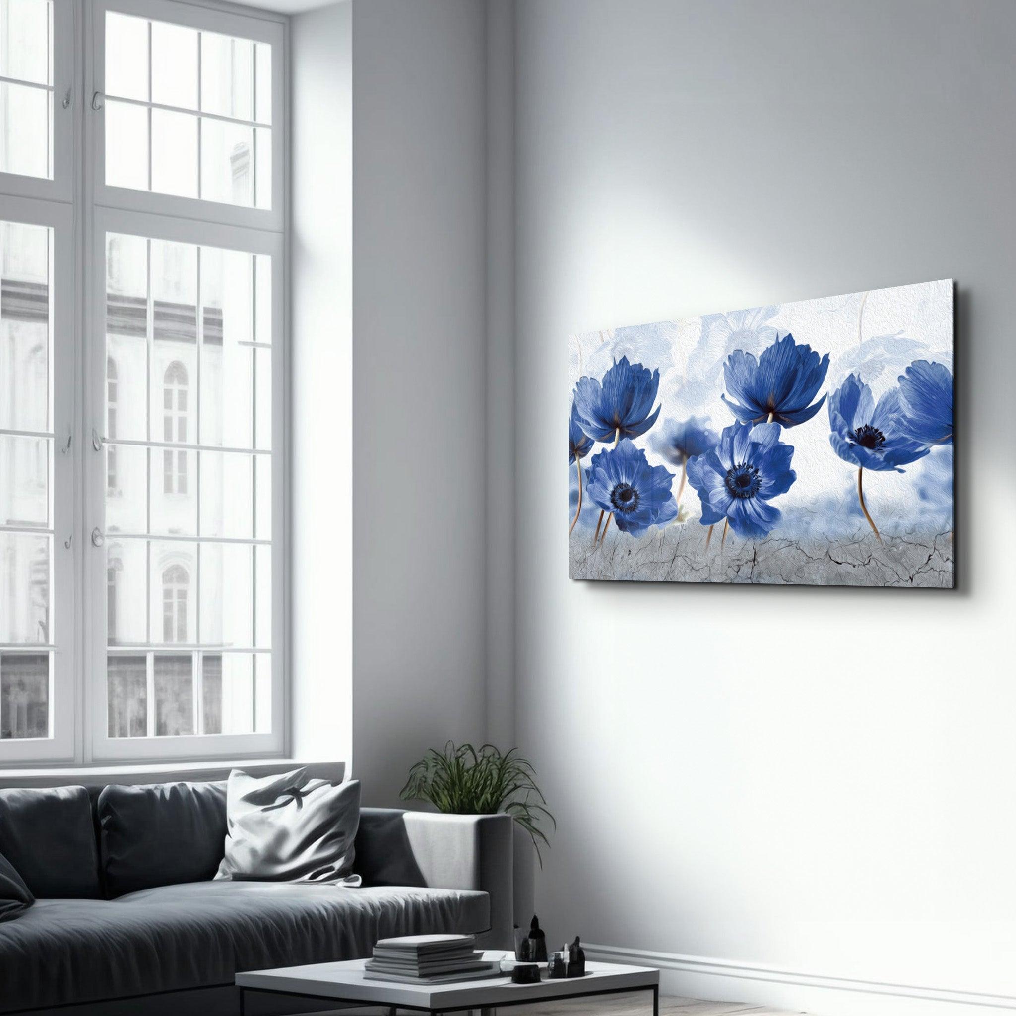 Blue Flowers | Glass Wall Art - Artdesigna