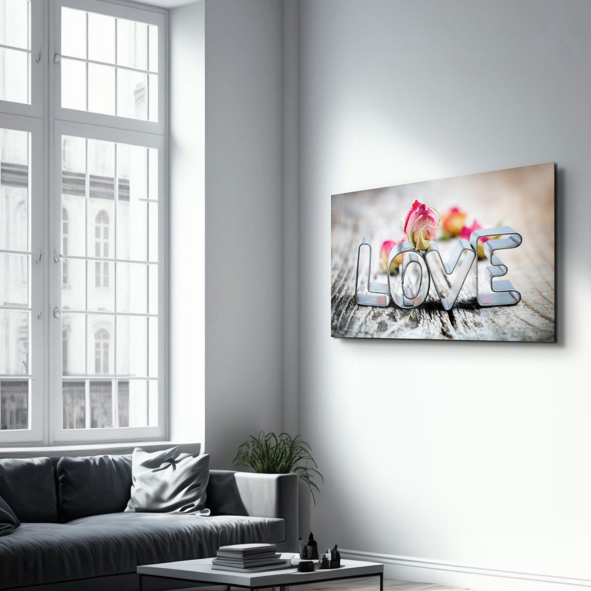 Pink Rose & Love | Glass Wall Art - Artdesigna