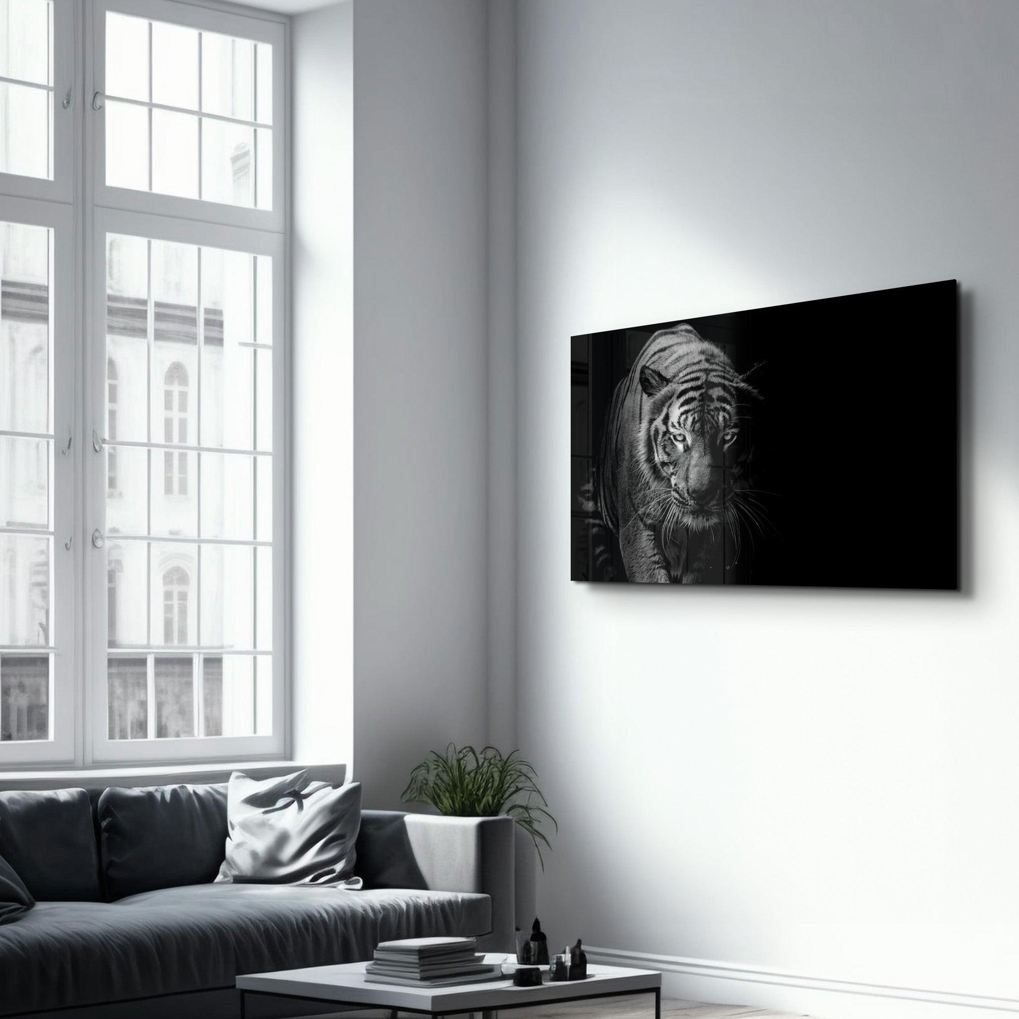 Tiger in the Black | Glass Wall Art - Artdesigna