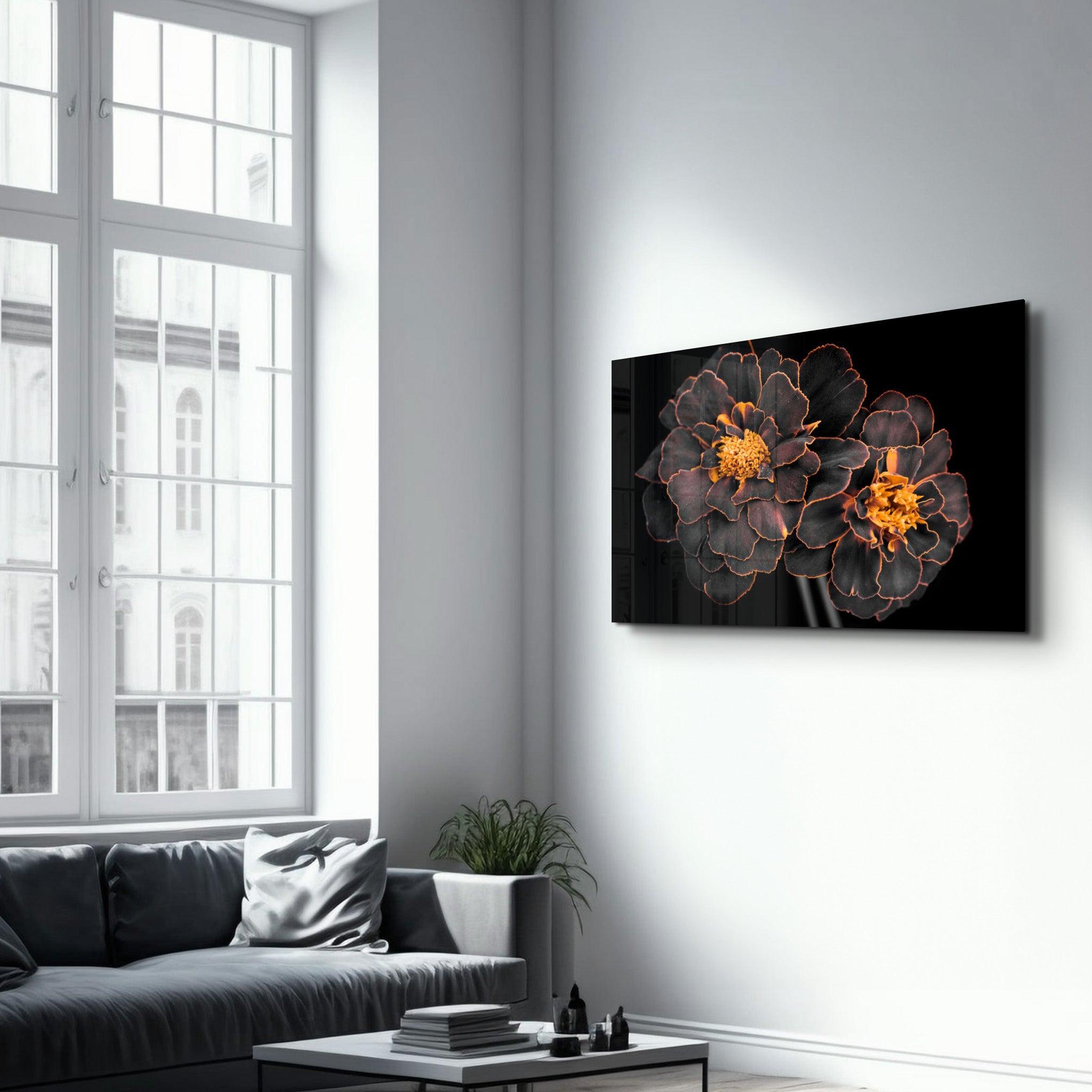 Black and Yellow Flowers | Glass Wall Art - Artdesigna