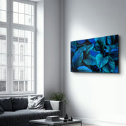 Blue Leaves | Glass Wall Art - Artdesigna