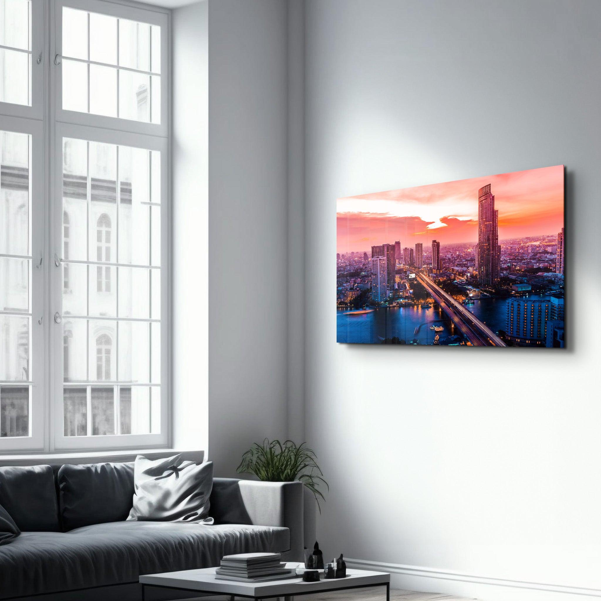 Beautiful cityscape Bangkok business district and residential. In the twilight, Thailand | Glass Wall Art - Artdesigna