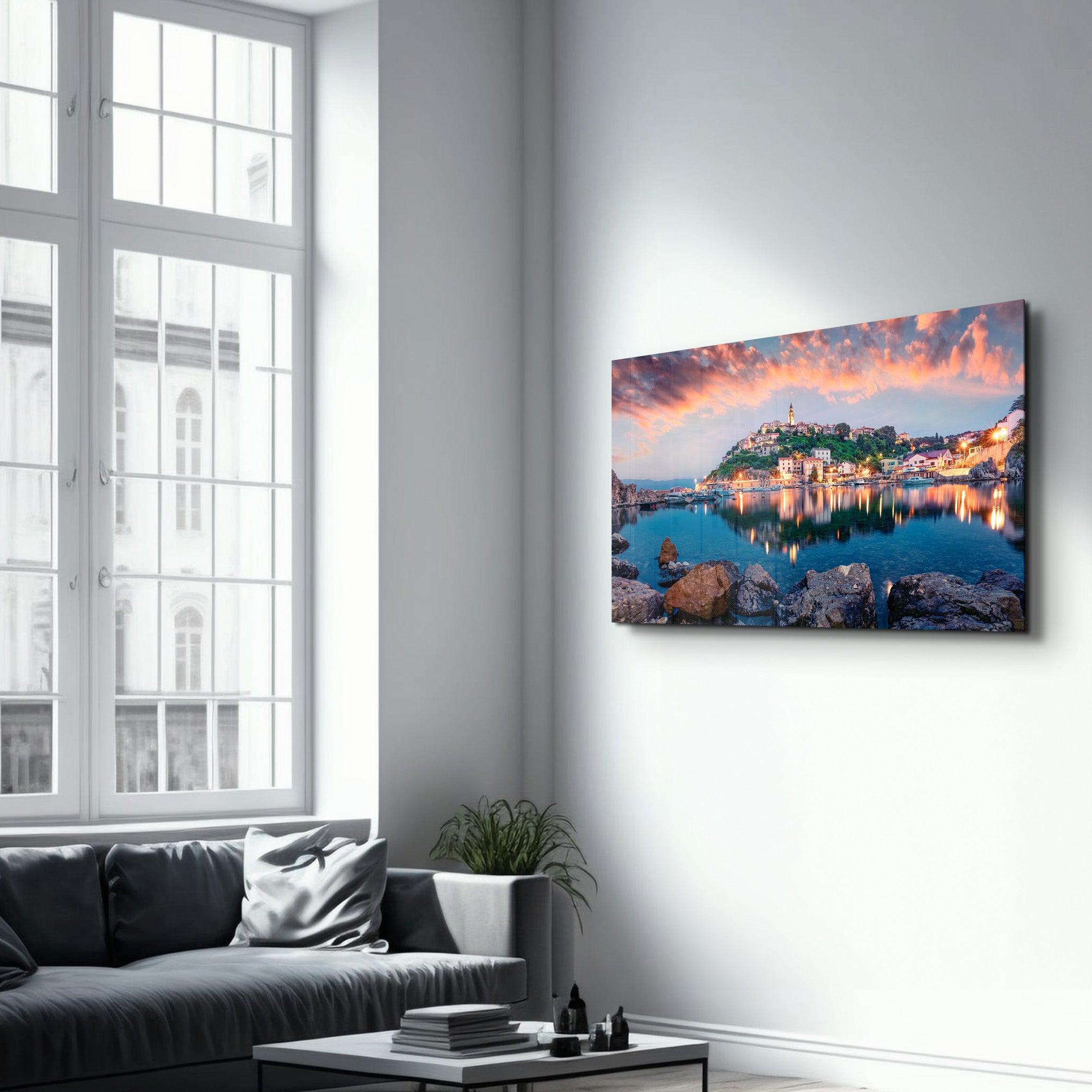 Breathtaking evening cityscape of Vrbnik town | Glass Wall Art - Artdesigna