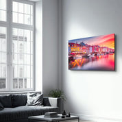 Copenhagen, Denmark. Experience the breathtaking beauty of Nyhavn canal at sunrise | Glass Wall Art - Artdesigna