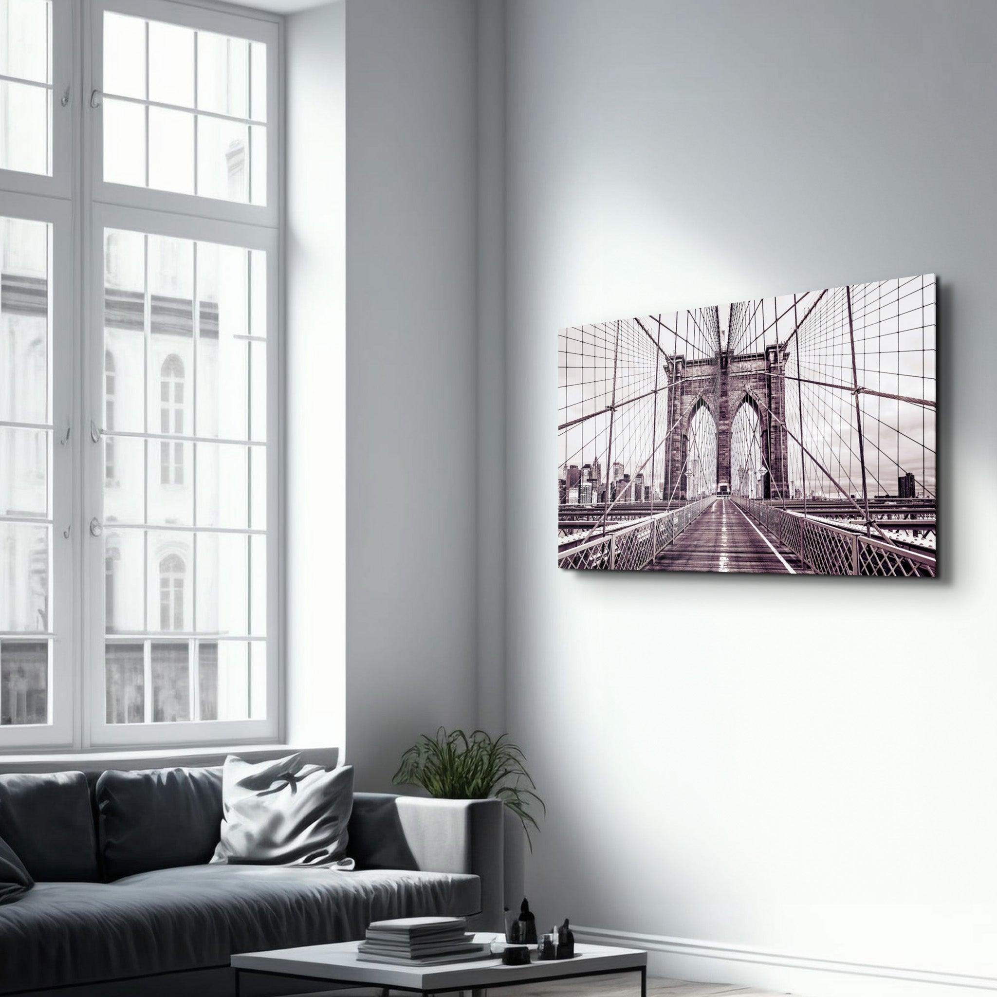 Brooklyn Bridge Retro Bronze | Glass Wall Art - Artdesigna