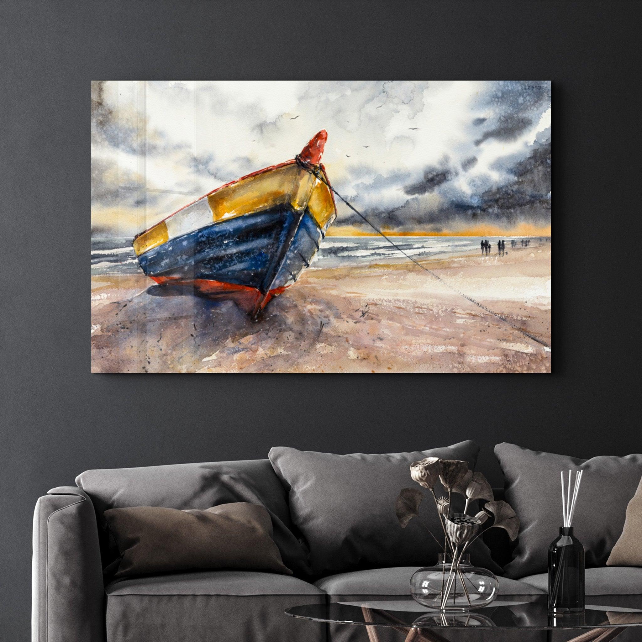 Boat On the Beach | Glass Wall Art - Artdesigna