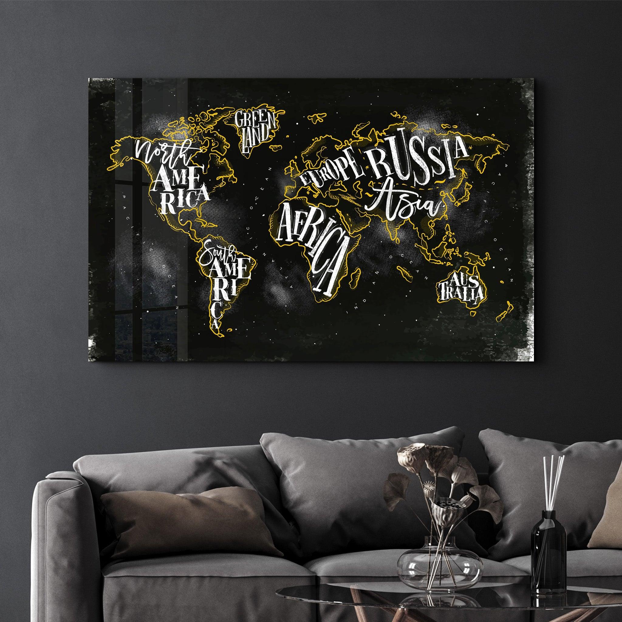 World Map With Yellow Lines | Glass Wall Art - Artdesigna