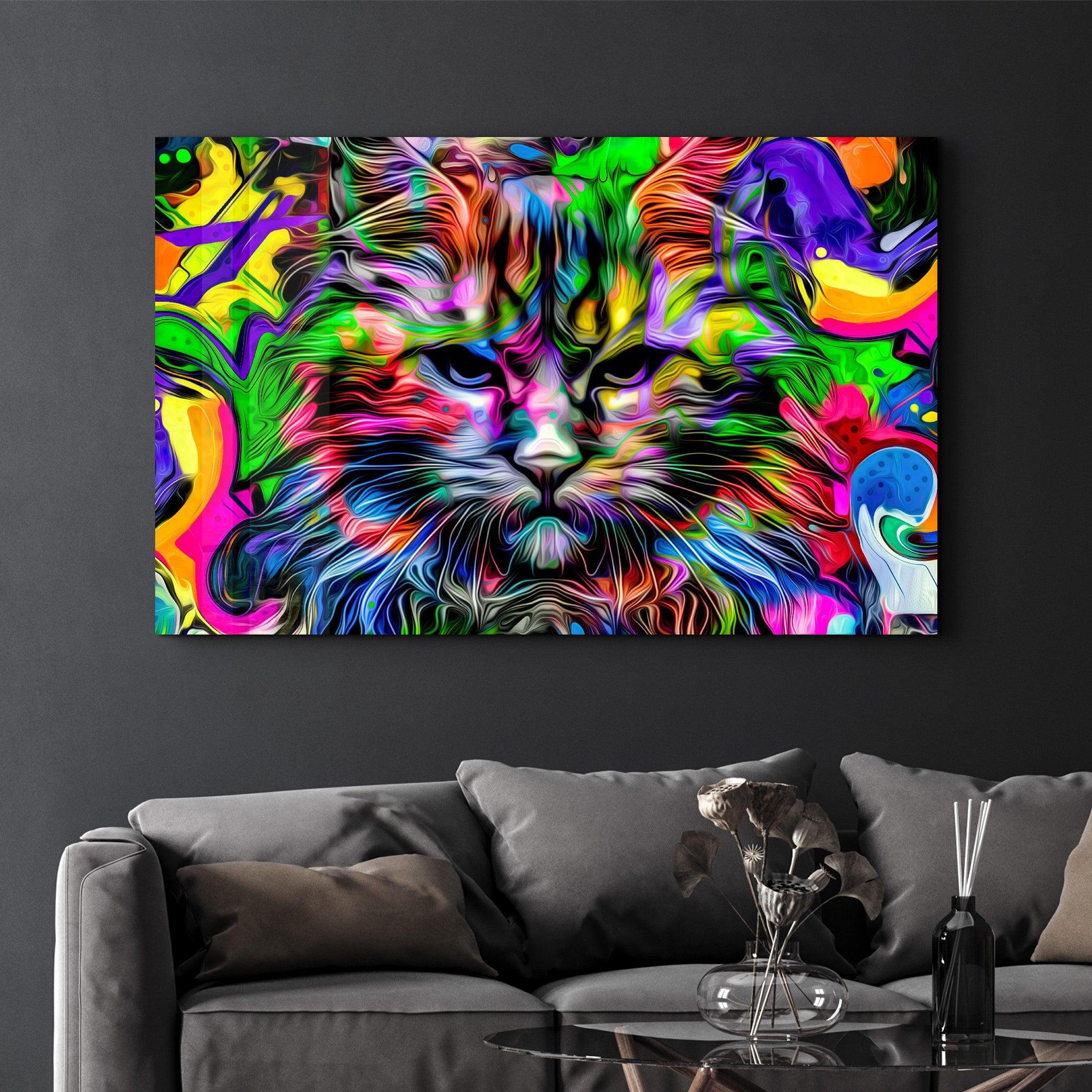 Colorful Cat | Glass Wall Art - Artdesigna