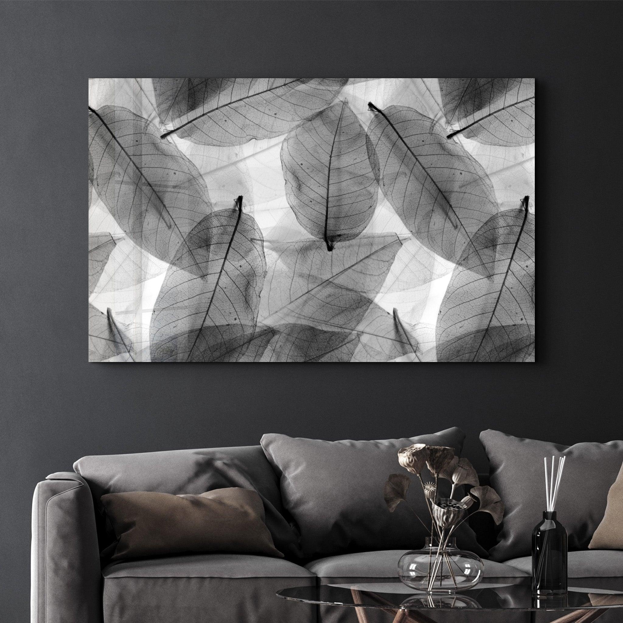 Black - White Leaves | Glass Wall Art - Artdesigna