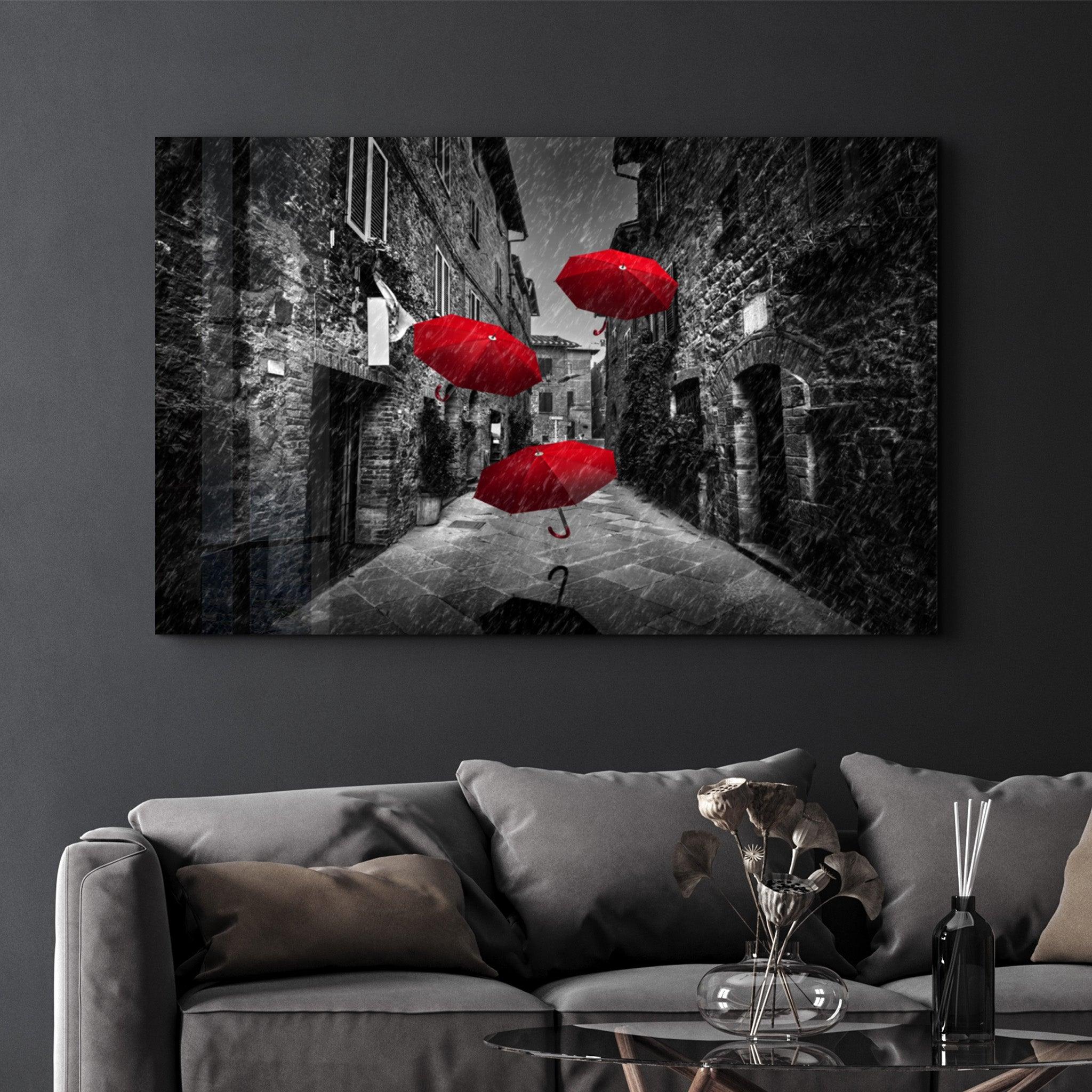 Red Umbrellas | Glass Wall Art - Artdesigna