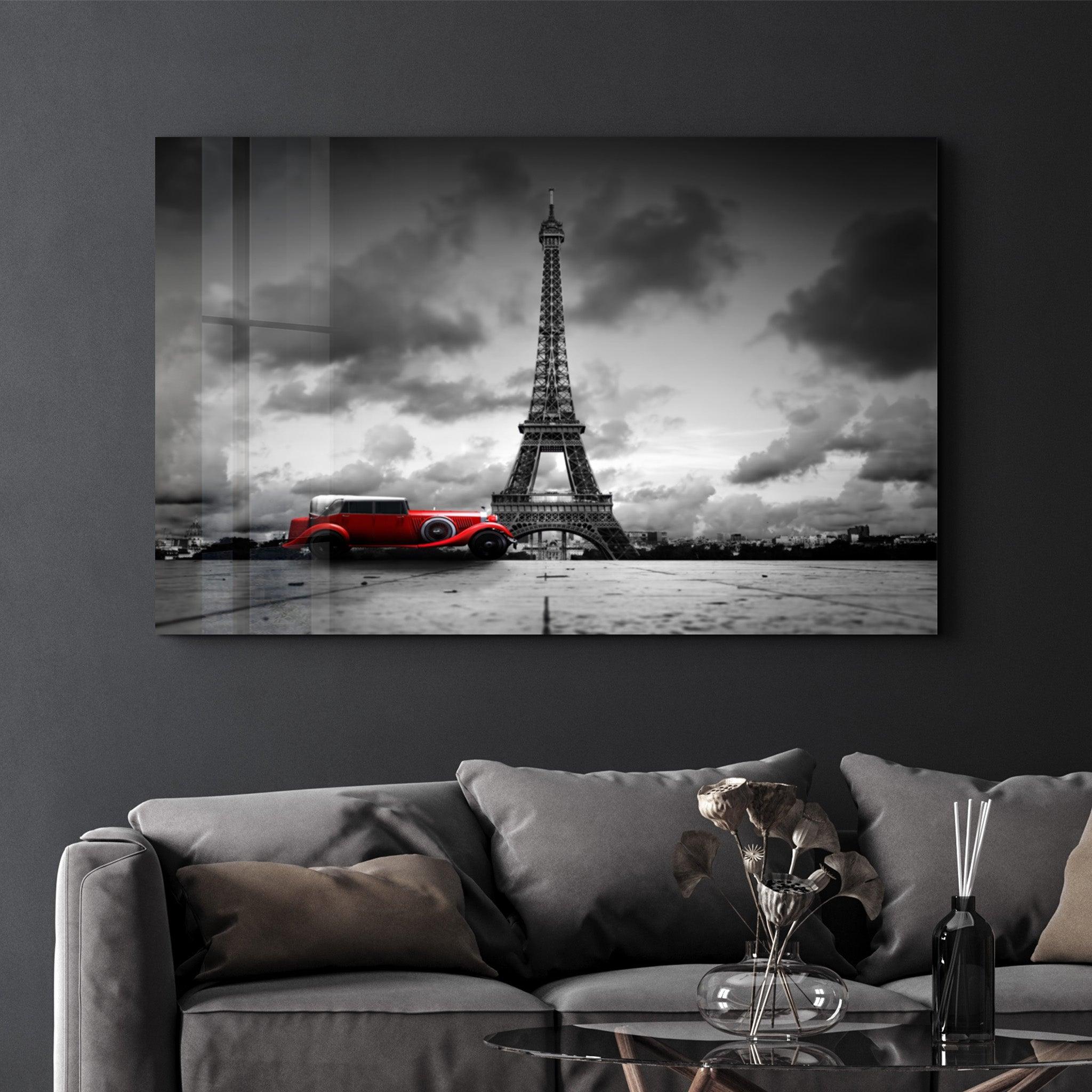 Eiffel Tower and a Classic in Red | Glass Wall Art - Artdesigna