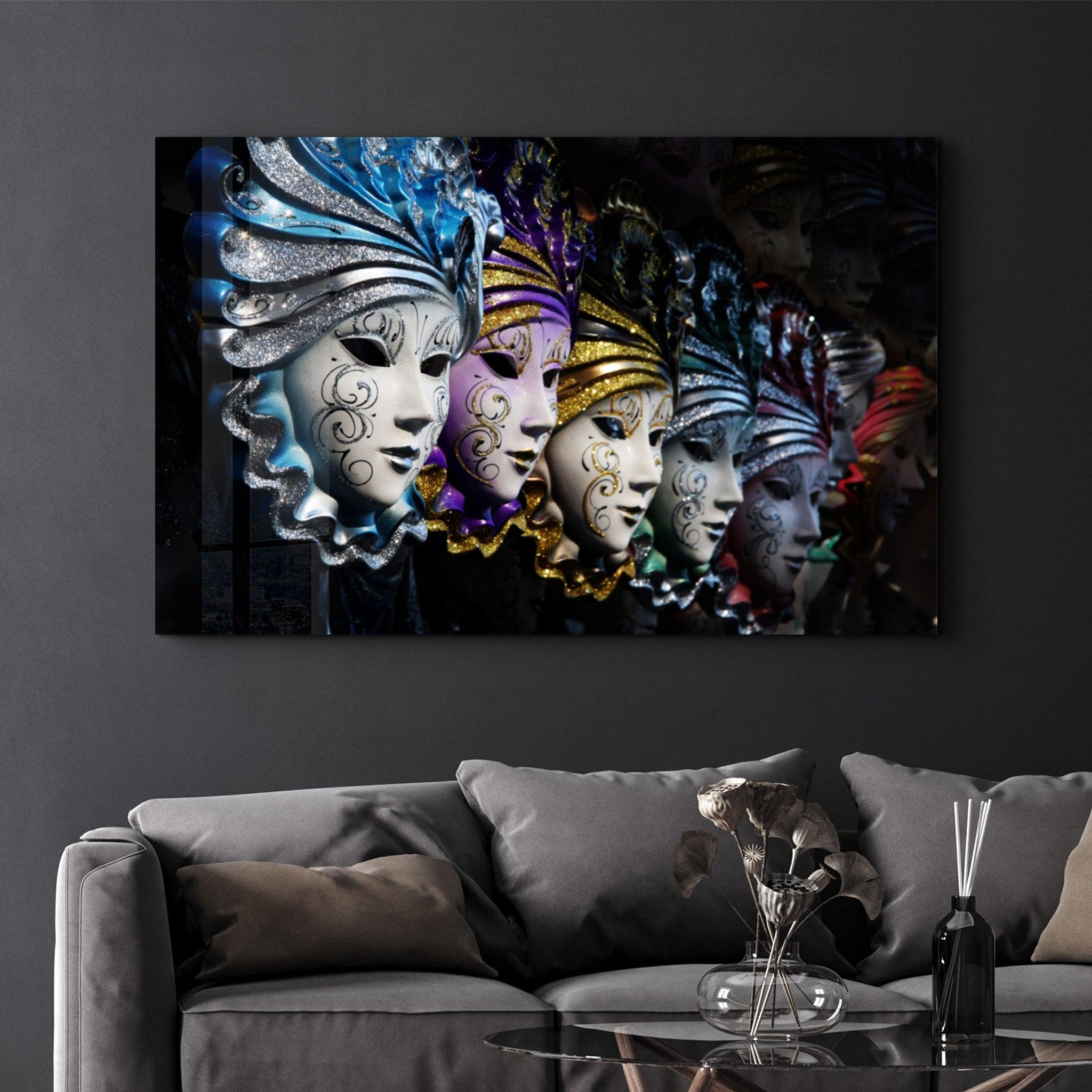 Venetian Carnival Masks | Glass Wall Art - Artdesigna