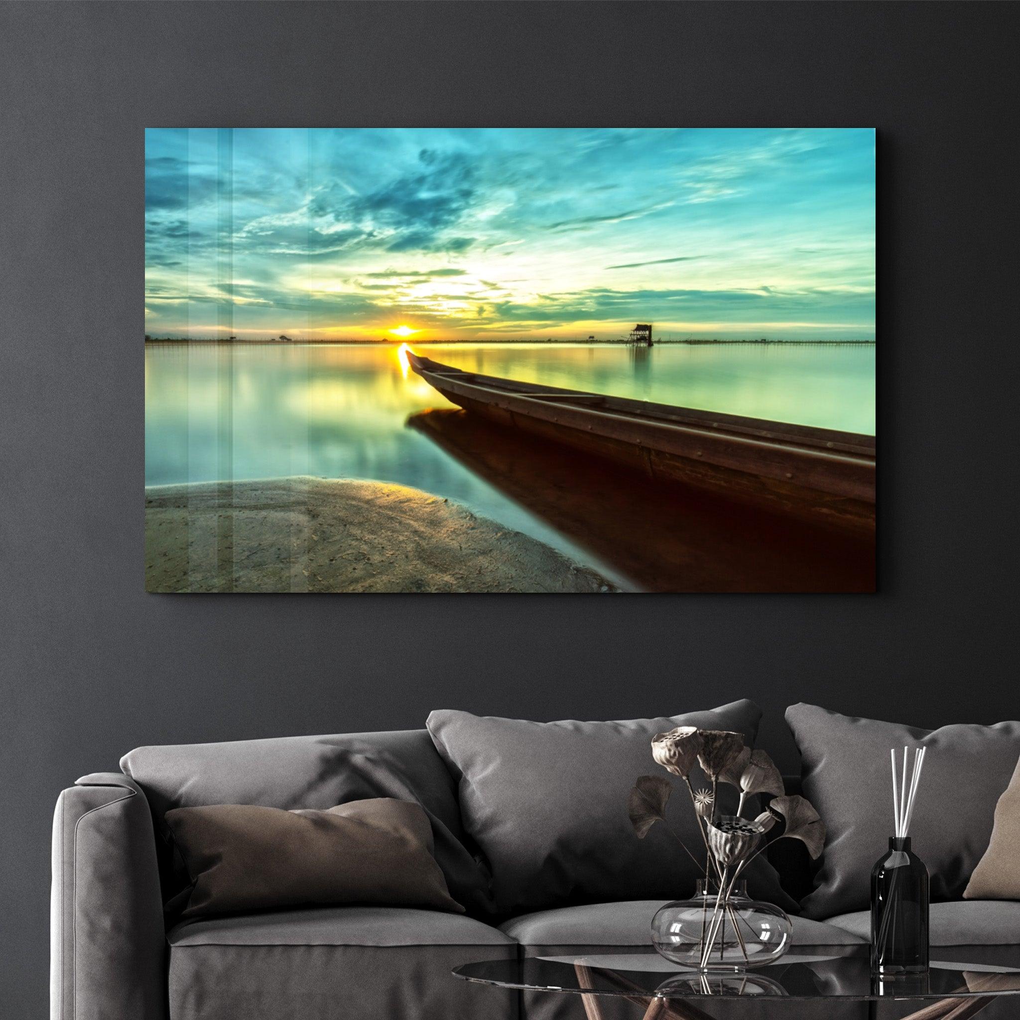 Kayak and Sunset on the Beach | Glass Wall Art - Artdesigna