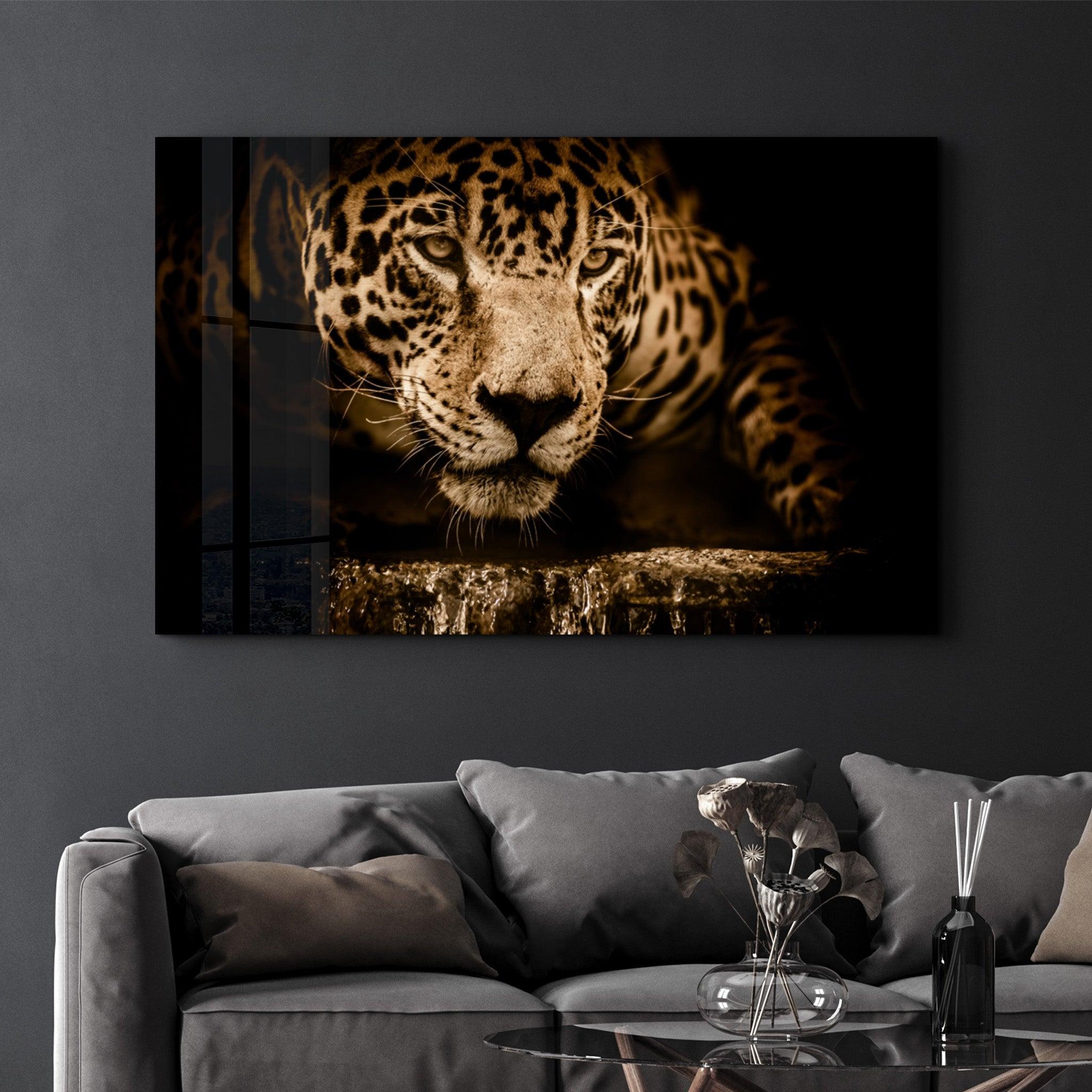 The Watchful Leopard | Glass Wall Art - Artdesigna