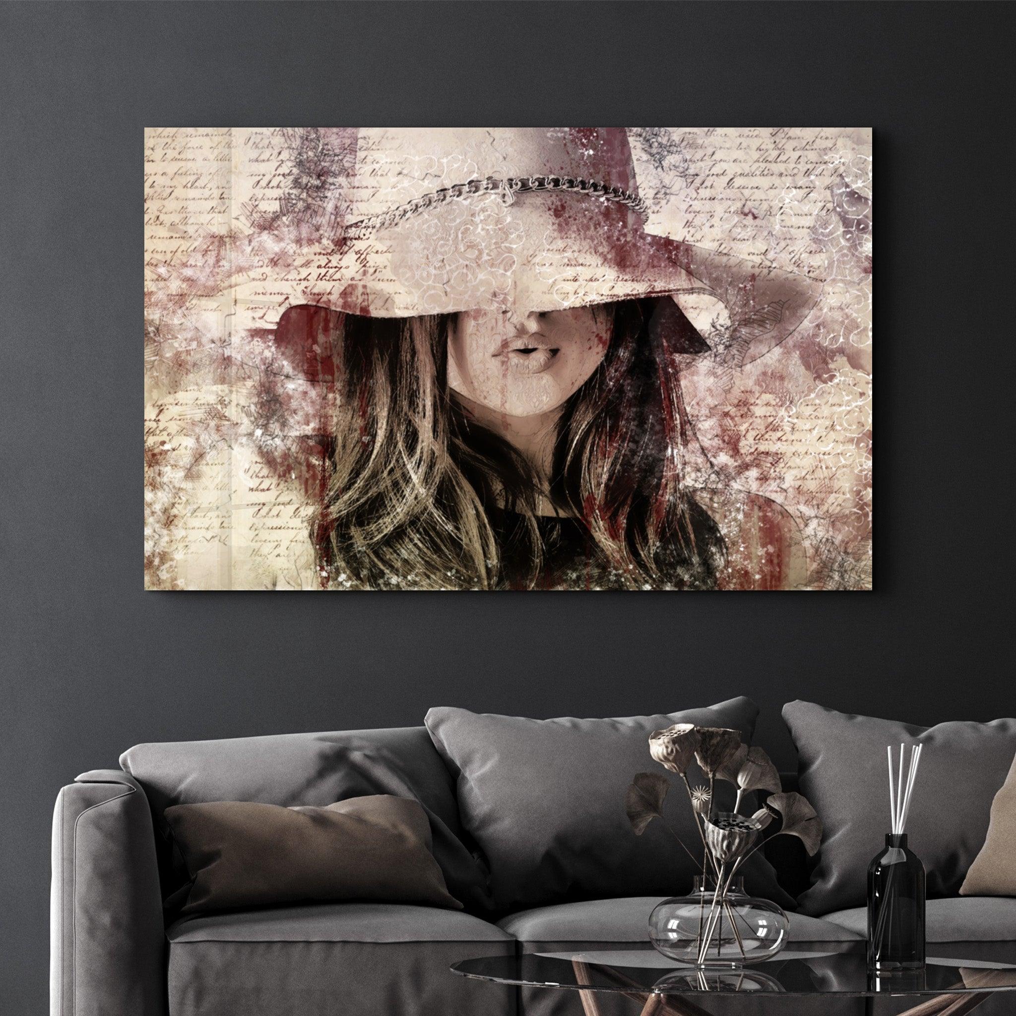 Girl in Retro Hat | Glass Wall Art - Artdesigna