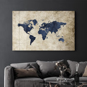 Retro World Map Blue | Glass Wall Art - Artdesigna