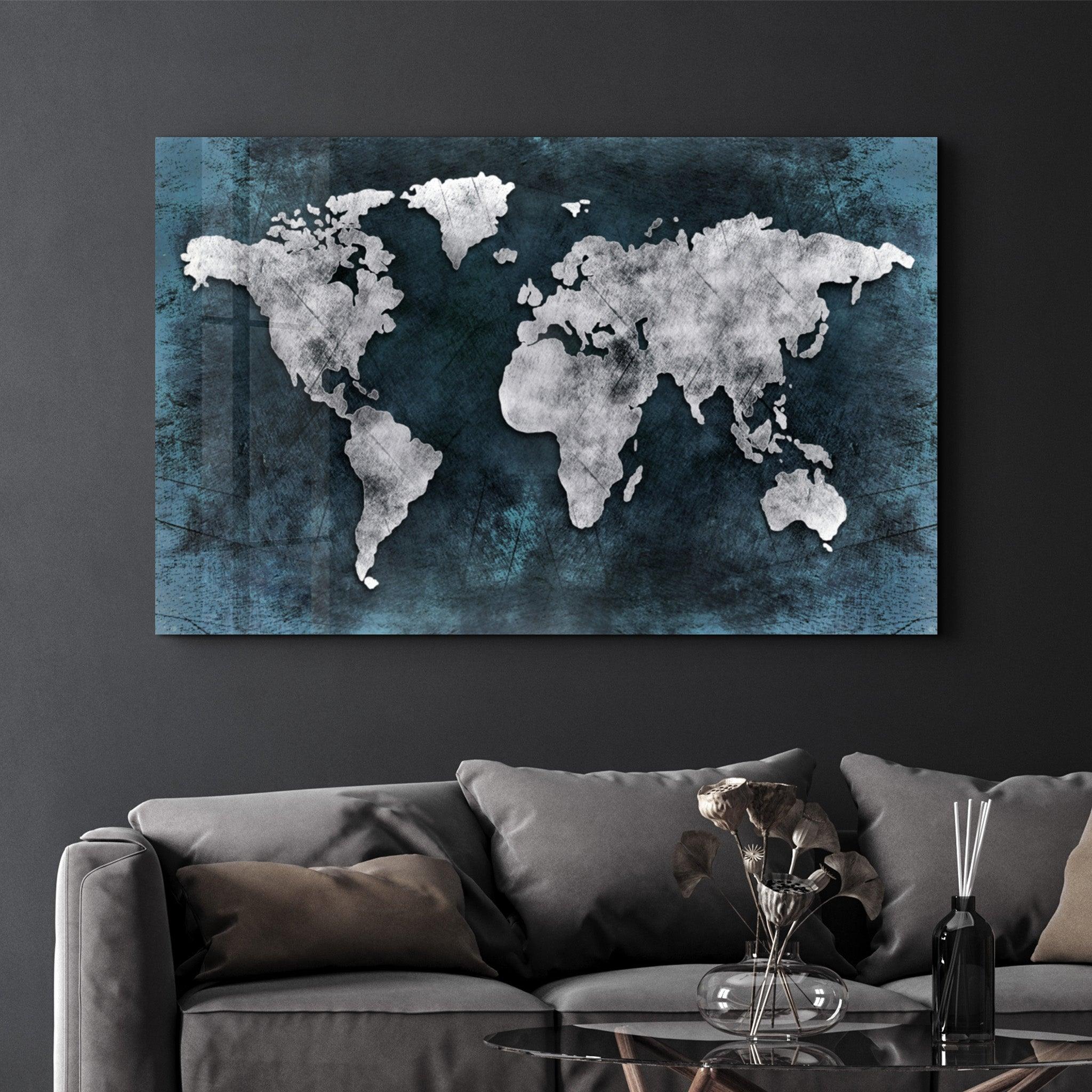 World Map Blue-Silver | Glass Wall Art - Artdesigna