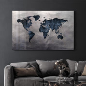 World Map Blue-Silver2 | Glass Wall Art - Artdesigna