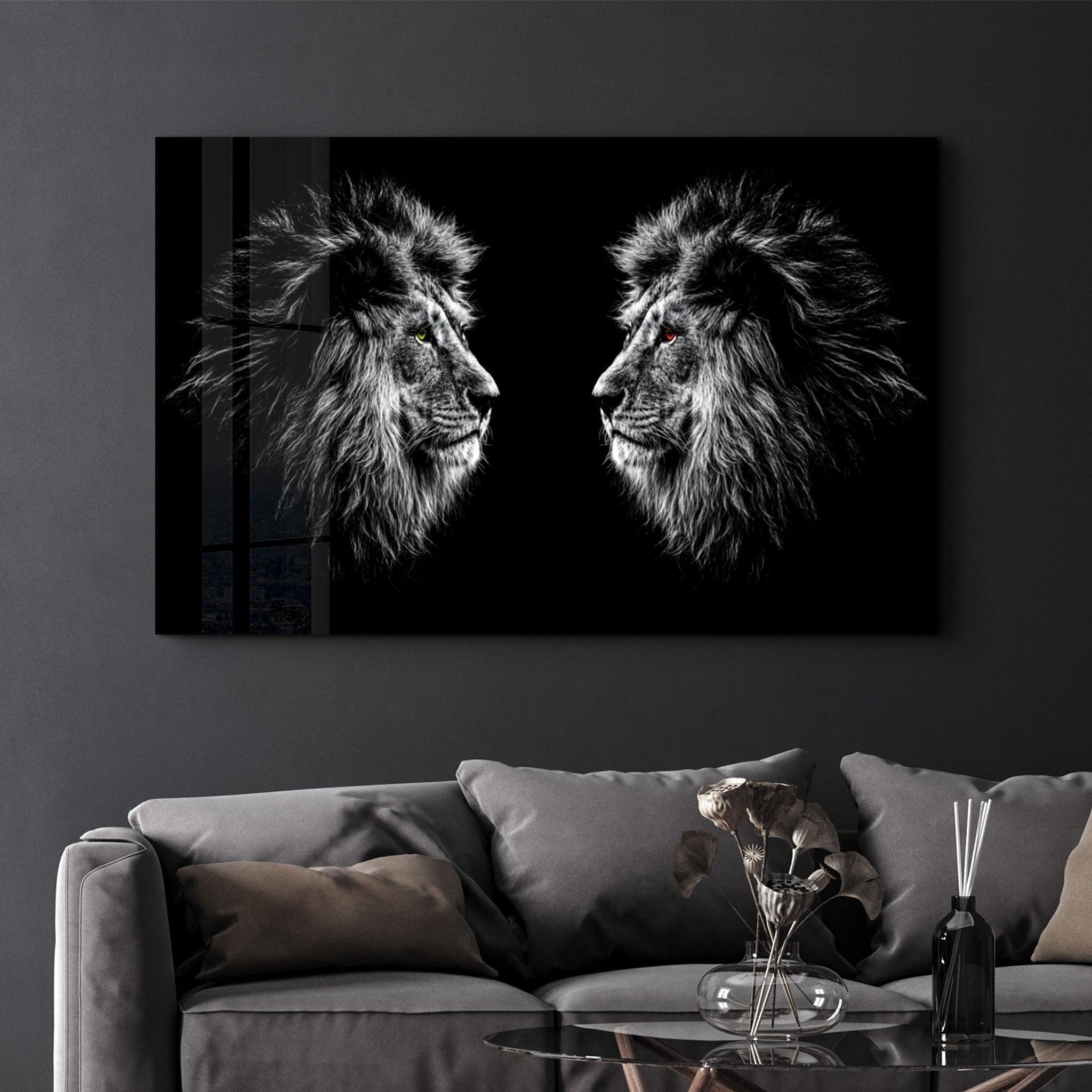 Lions Confrontation BW | Glass Wall Art - Artdesigna