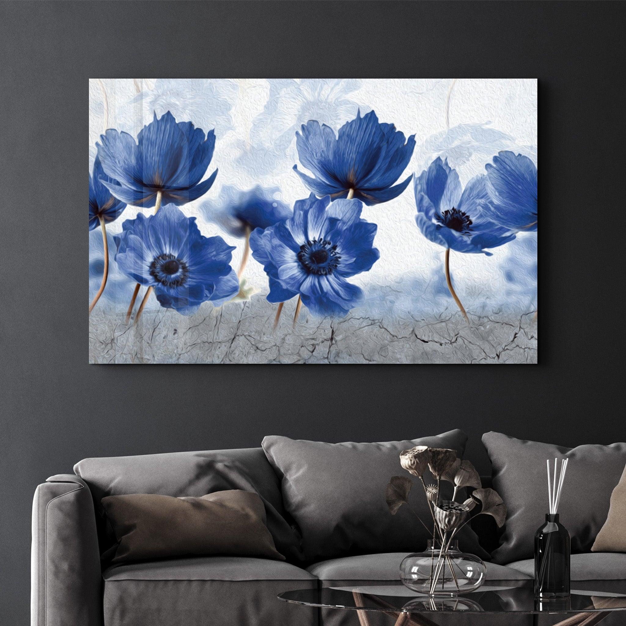 Blue Flowers | Glass Wall Art - Artdesigna