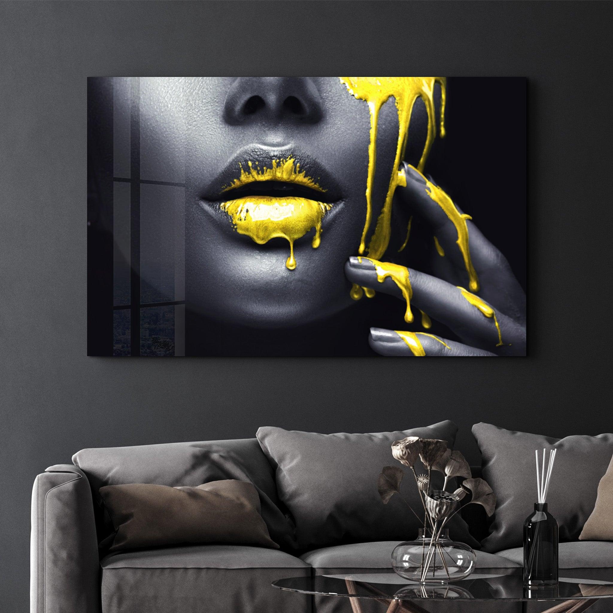 Yellow Lips V2 | Glass Wall Art - Artdesigna